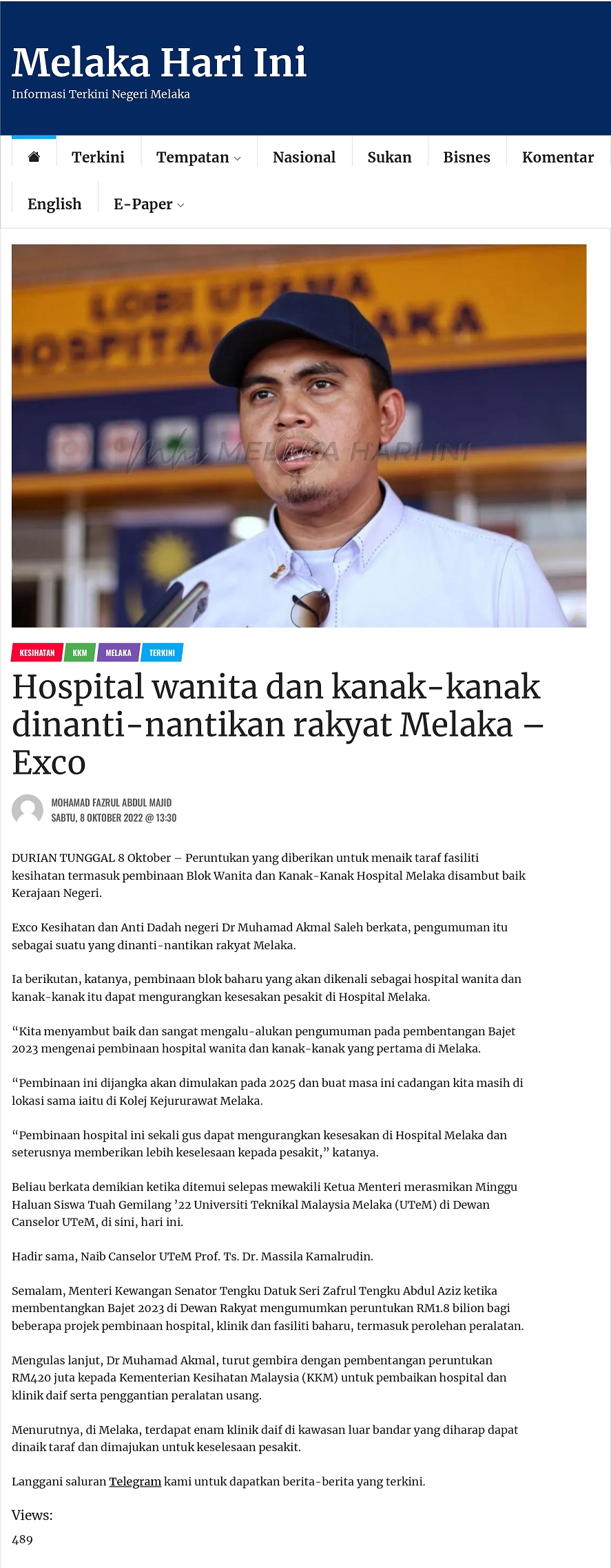 Hospital wanita dan kanak-kanak dinanti-nantikan rakyat Melaka – Exco