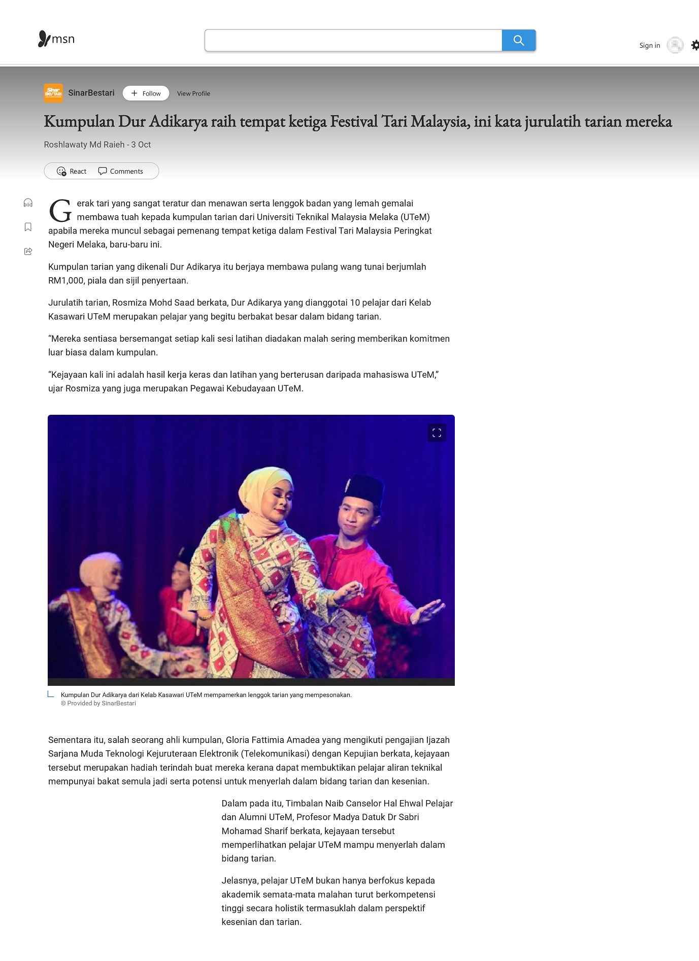 Kumpulan Dur Adikarya raih tempat ketiga Festival Tari Malaysia, ini kata jurulatih tarian mereka