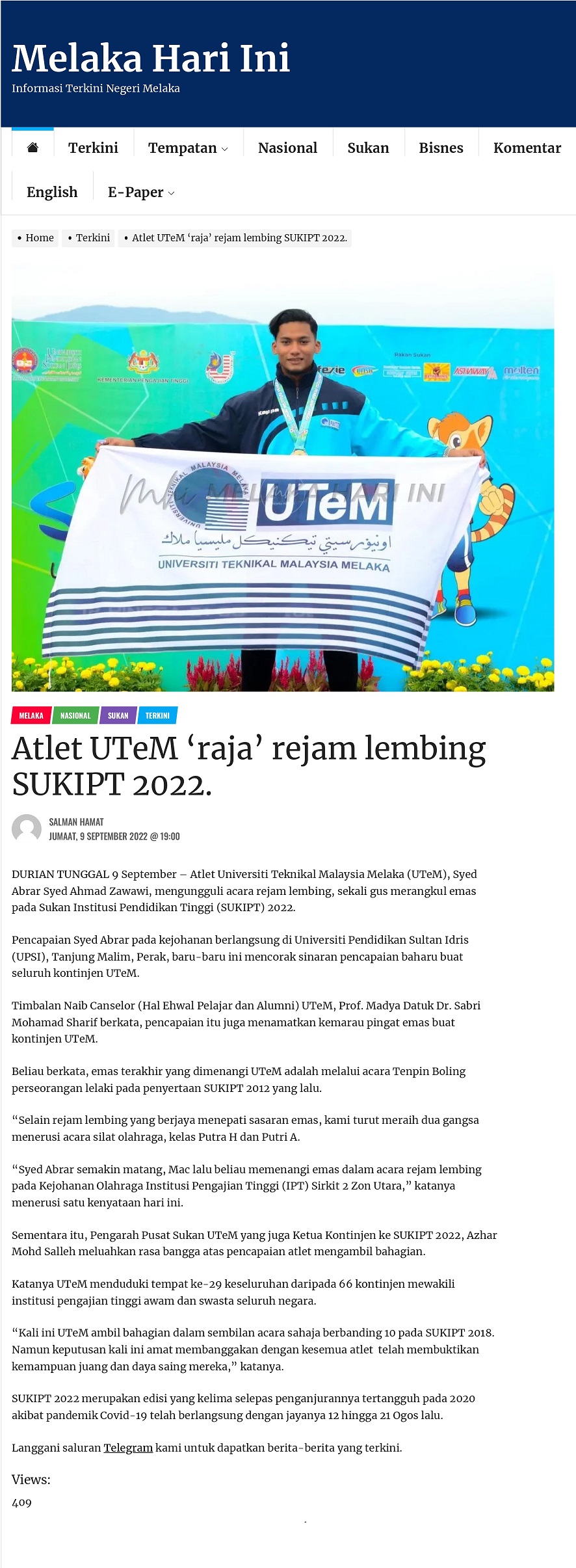 Atlet UTeM ‘raja’ rejam lembing SUKIPT 2022
