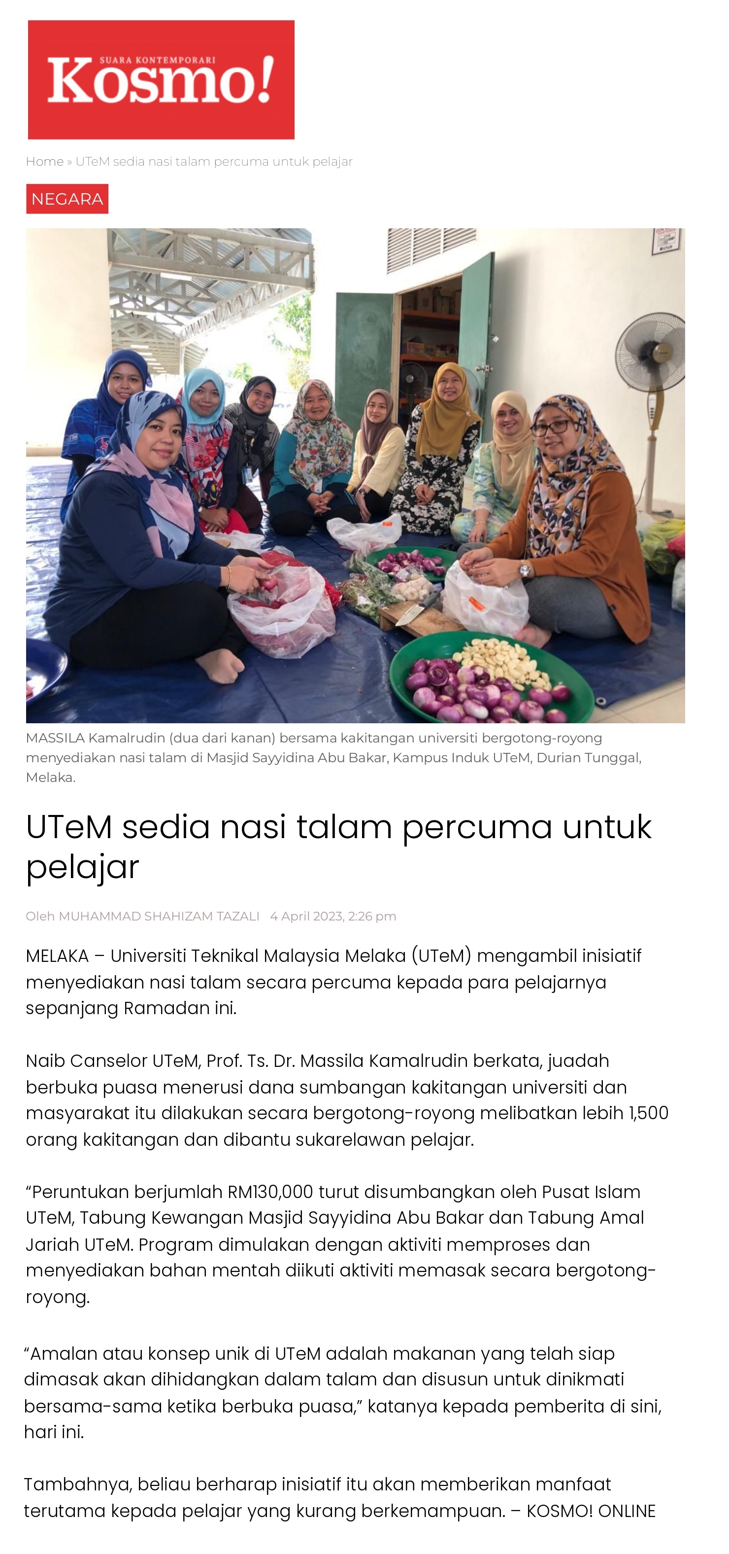UTeM sedia nasi talam percuma untuk pelajar
