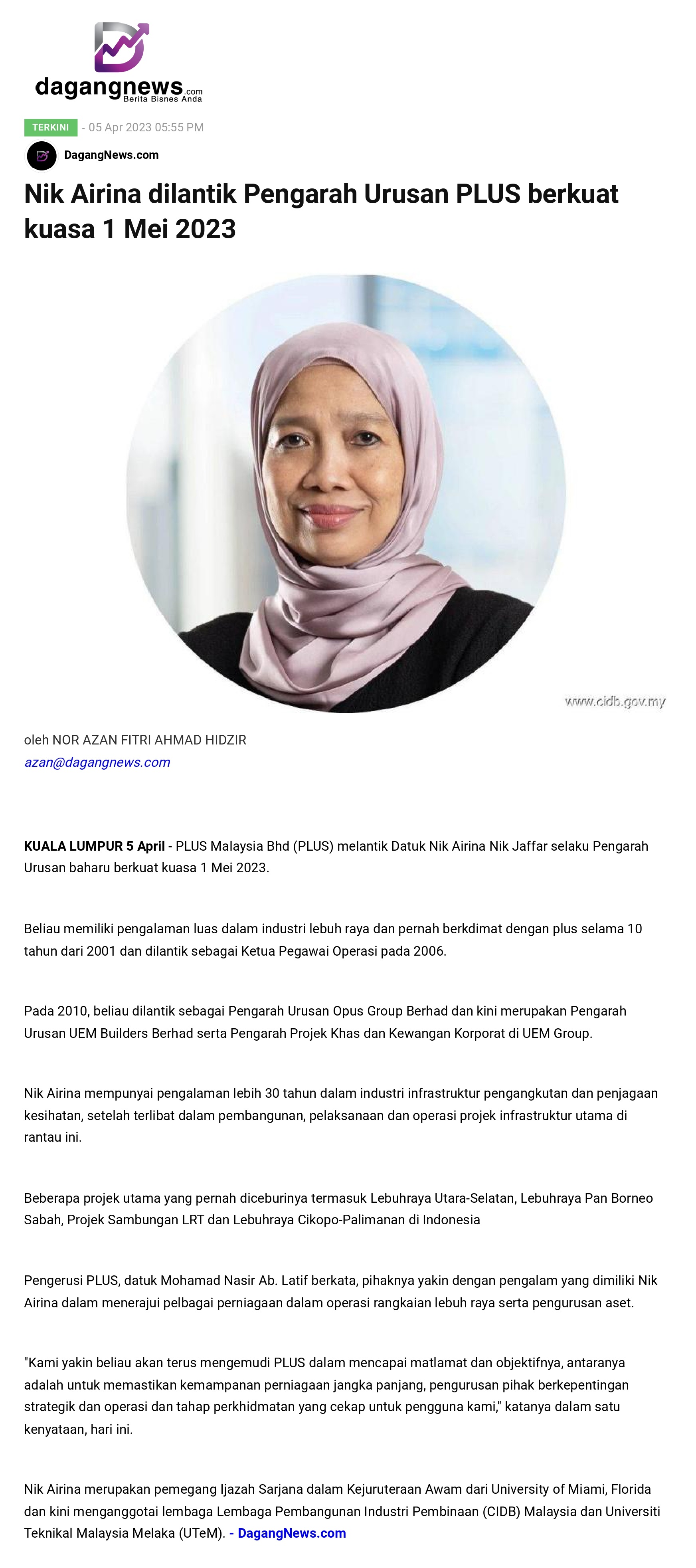 Nik Airina dilantik Pengarah Urusan PLUS berkuat kuasa 1 Mei 2023