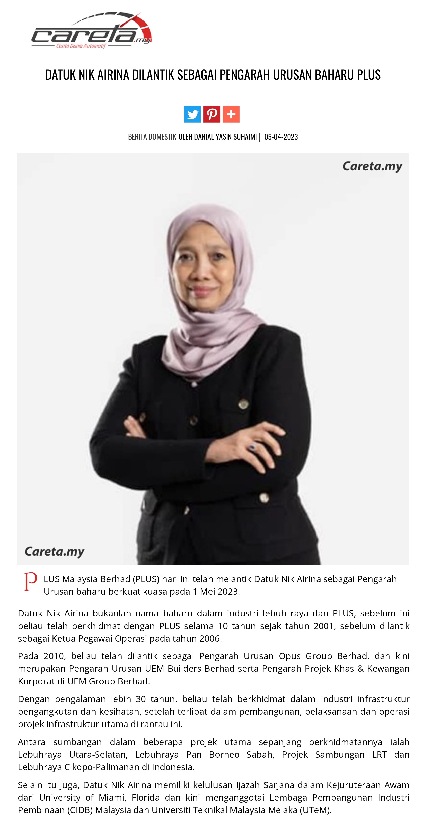 DATUK NIK AIRINA DILANTIK SEBAGAI PENGARAH URUSAN BAHARU PLUS