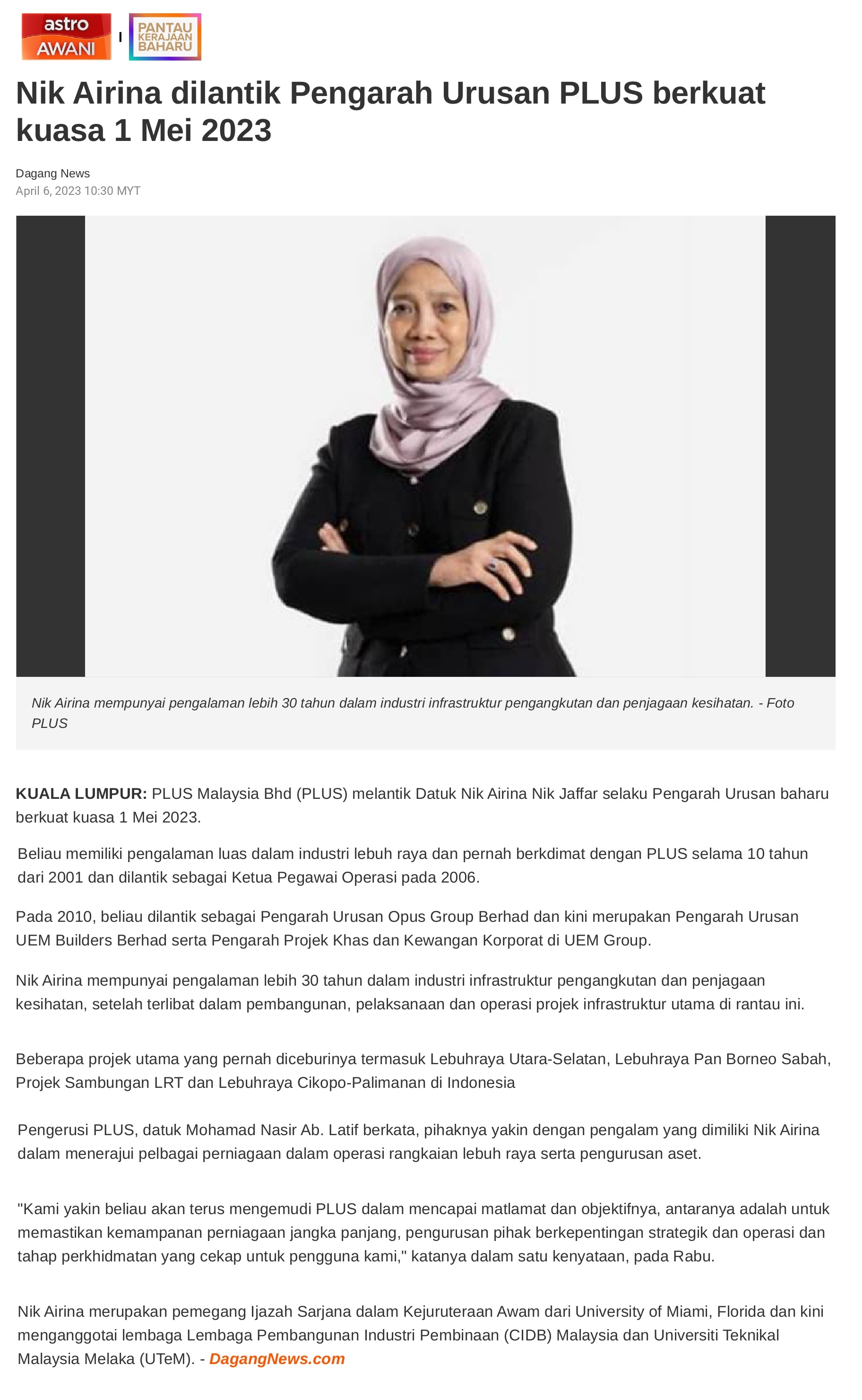 Nik Airina dilantik Pengarah Urusan PLUS berkuat kuasa 1 Mei 2023