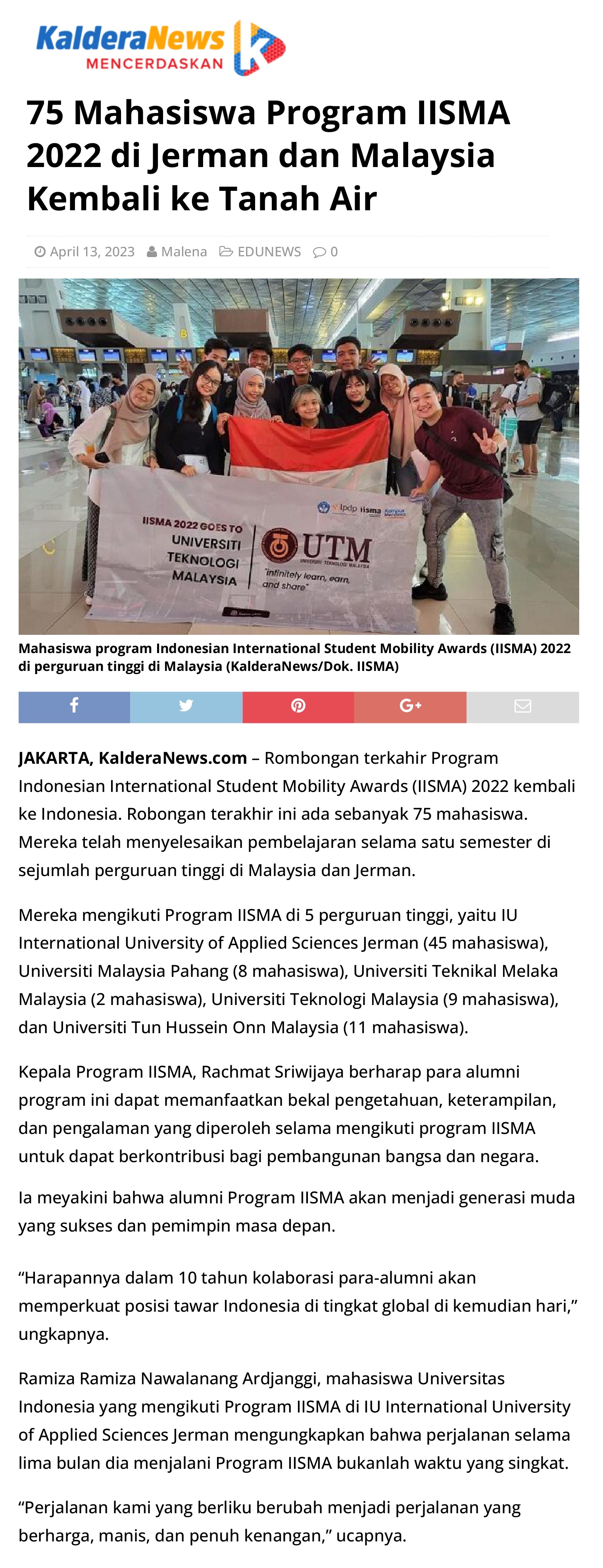 75 Mahasiswa Program IISMA 2022 di Jerman dan Malaysia Kembali ke Tanah Air