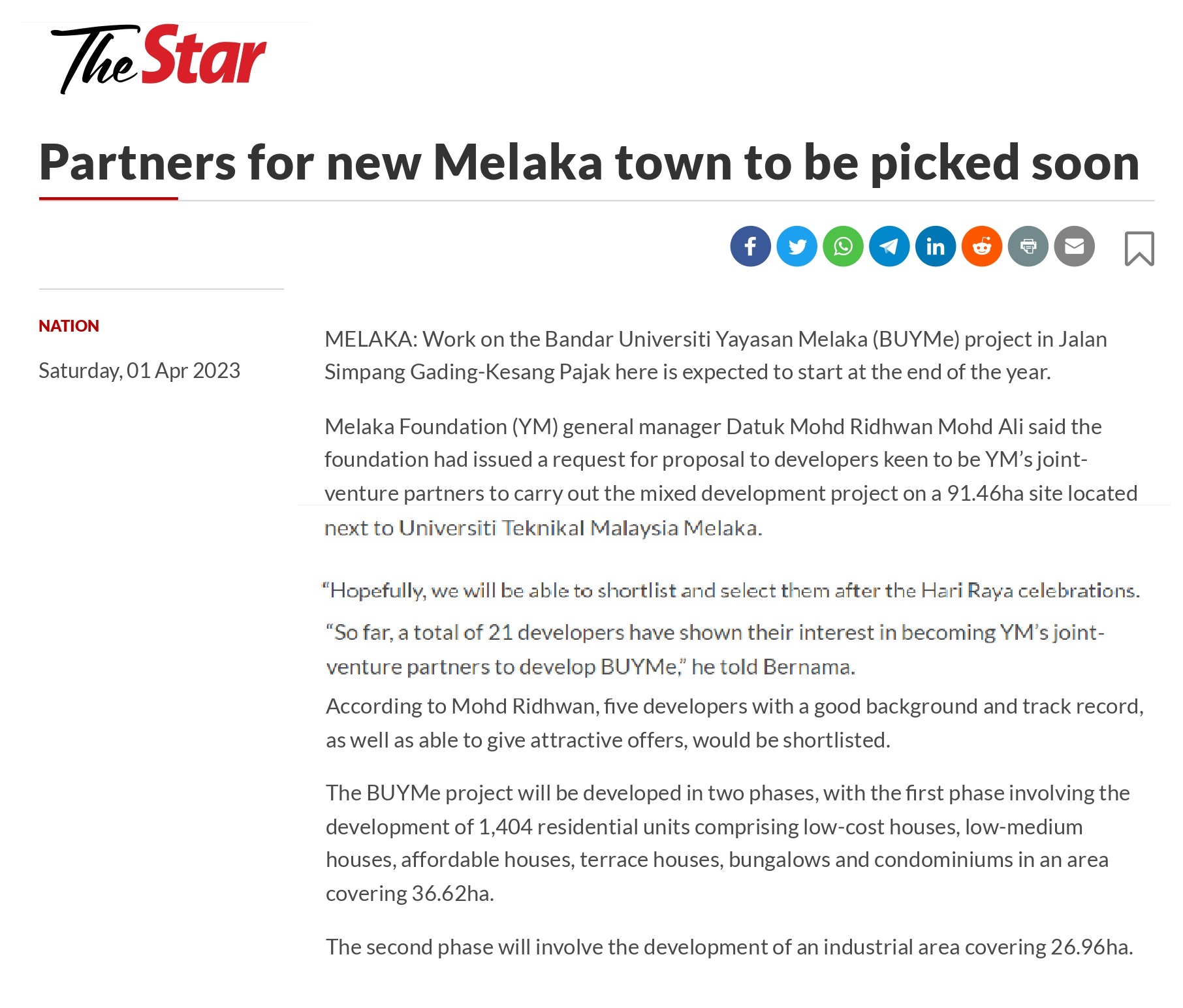 Partners for new Melaka town to be picked soon