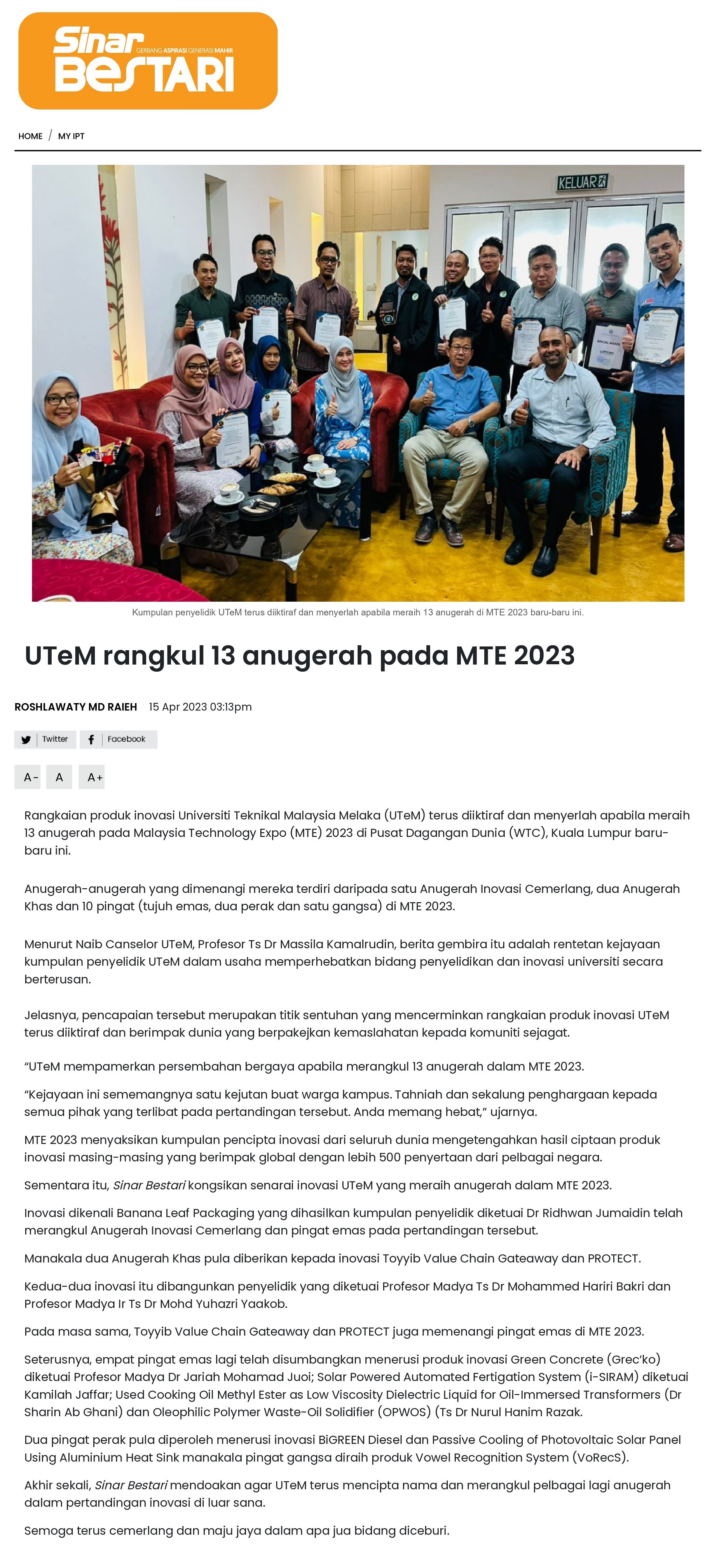 UTeM rangkul 13 anugerah pada MTE 2023