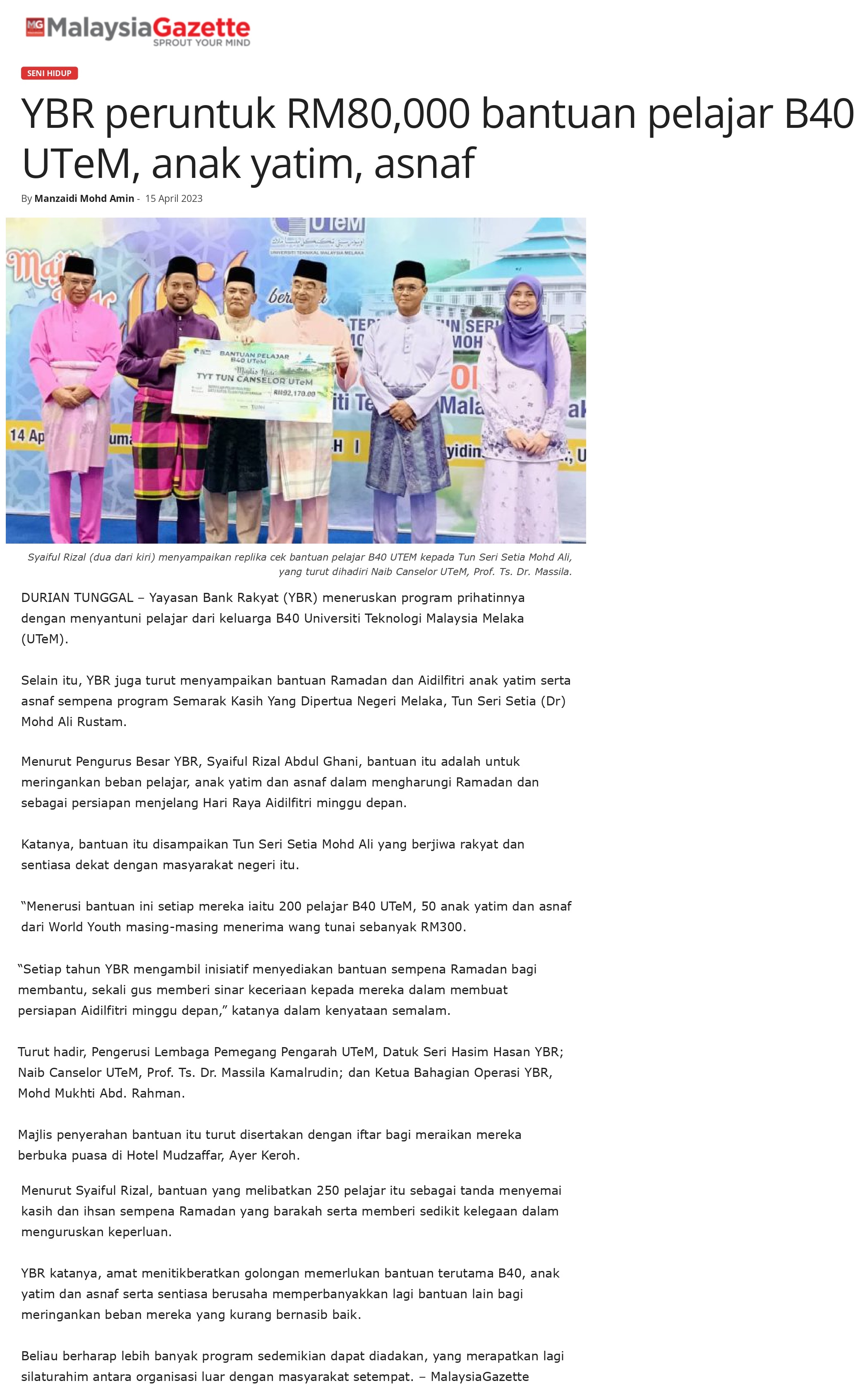 YBR peruntuk RM80,000 bantuan pelajar B40 UTeM, anak yatim, asnaf