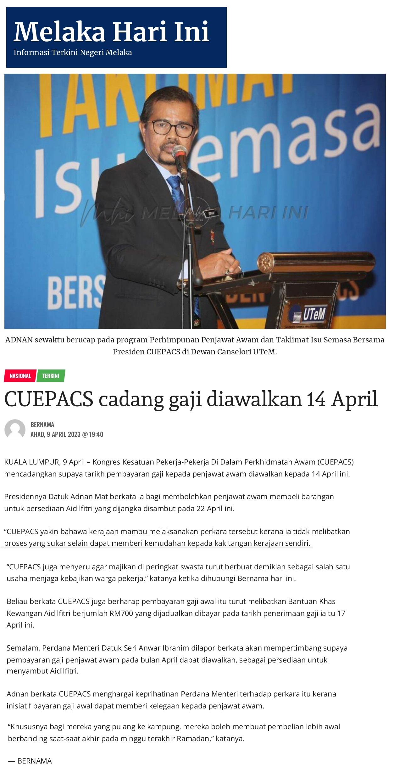 CUEPACS cadang gaji diawalkan 14 April