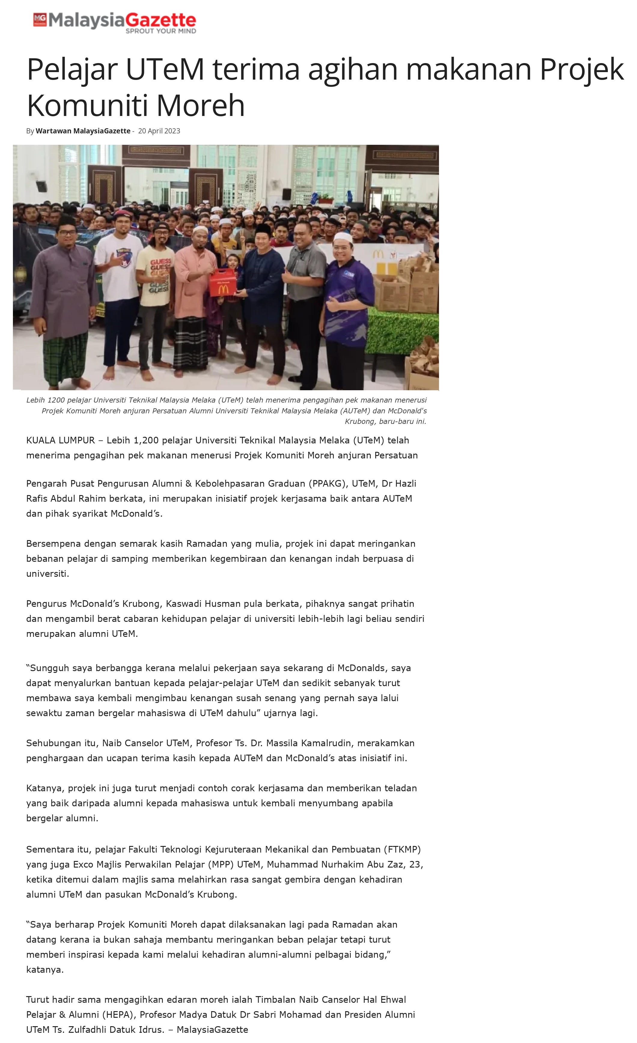 Pelajar UTeM terima agihan makanan Projek Komuniti Moreh