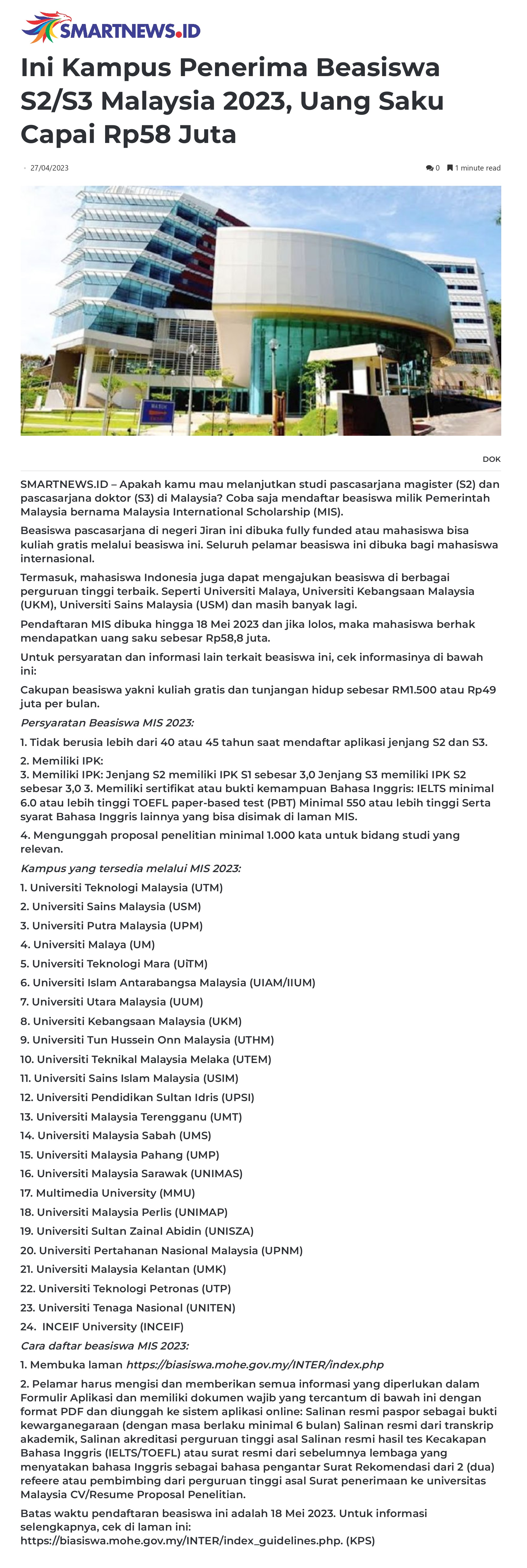 Ini Kampus Penerima Beasiswa S2/S3 Malaysia 2023, Uang Saku Capai Rp58 Juta