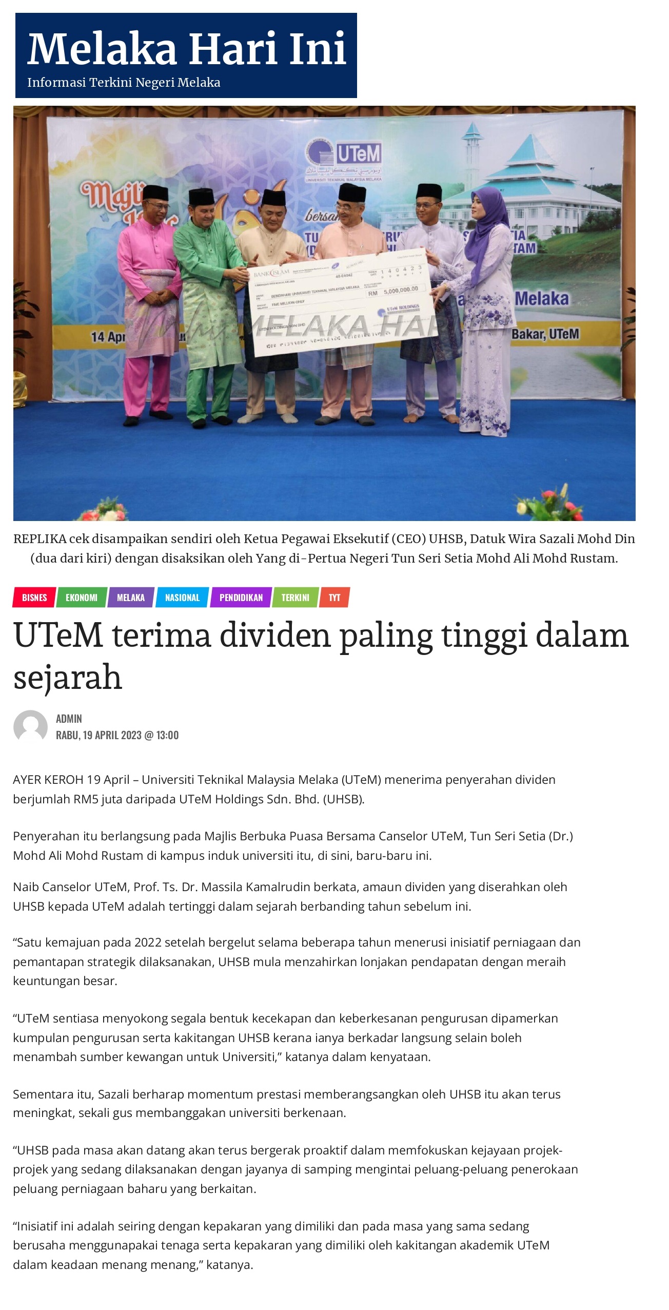 UTeM terima dividen paling tinggi dalam sejarah