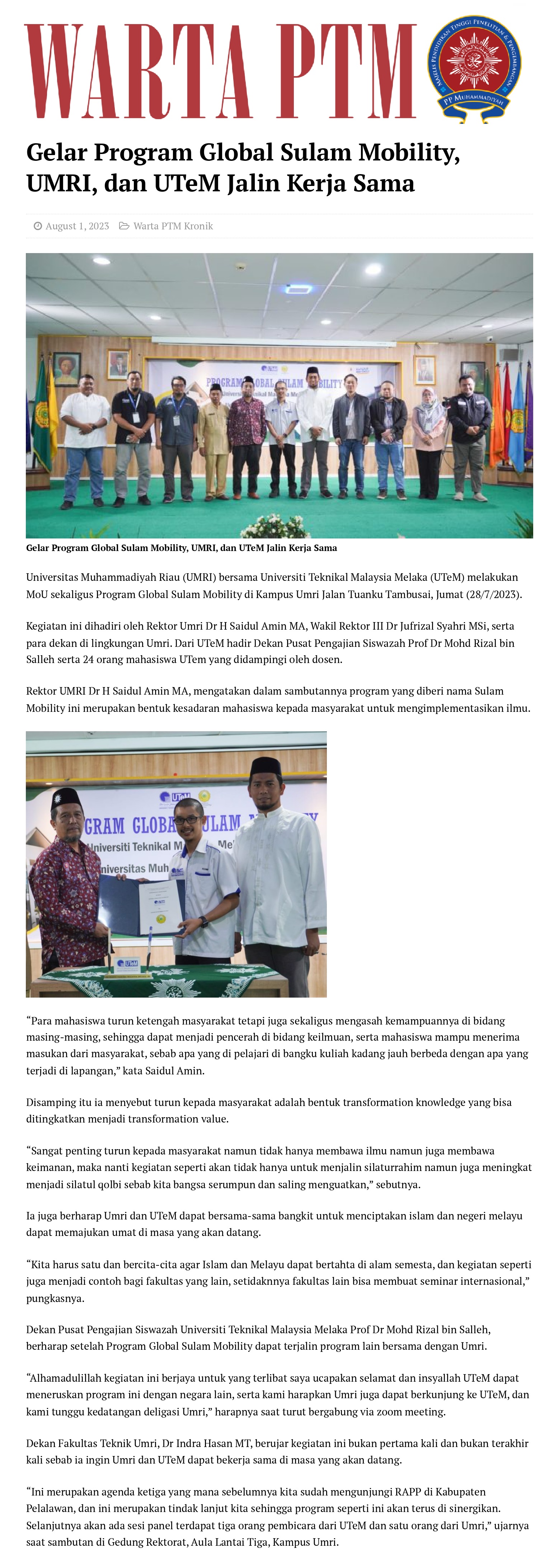 Gelar Program Global Sulam Mobility, UMRI, dan UTeM Jalin Kerja Sama