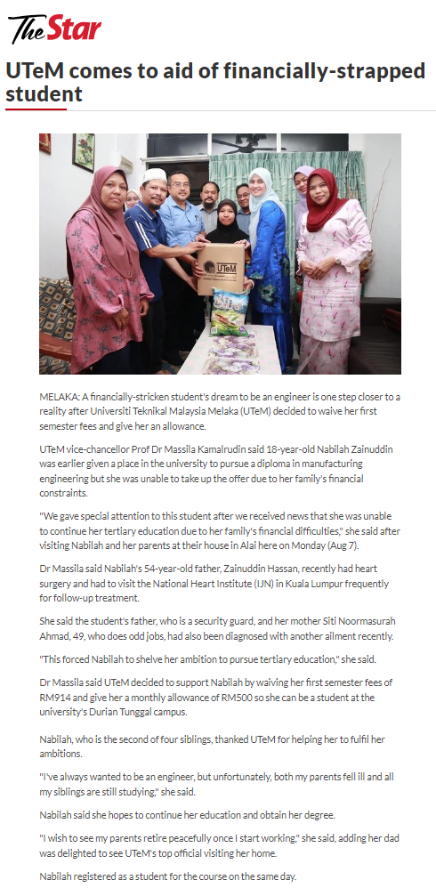 UTeM comes to aid of financially-strapped student