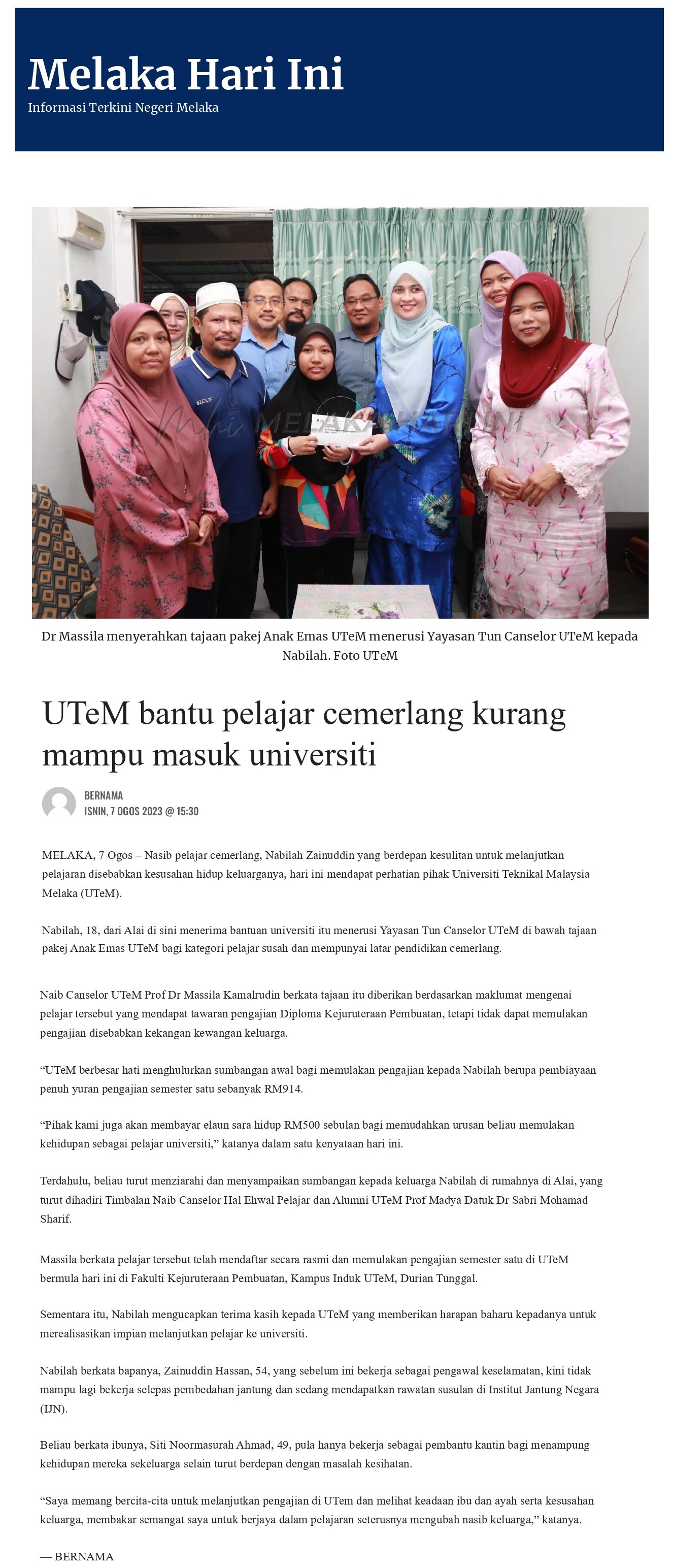 UTeM bantu pelajar cemerlang kurang mampu masuk university