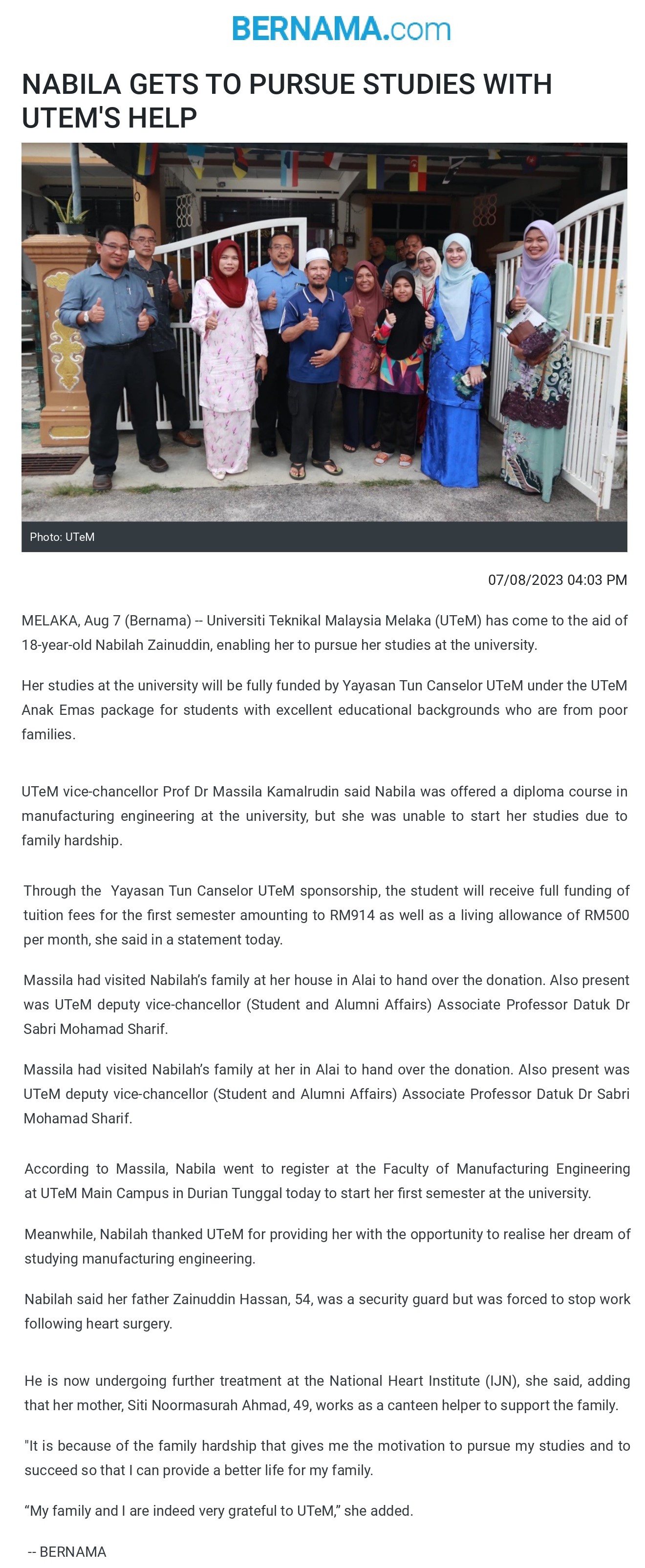 NABILA GETS TO PURSUE STUDIES WITH UTEM'S HELP