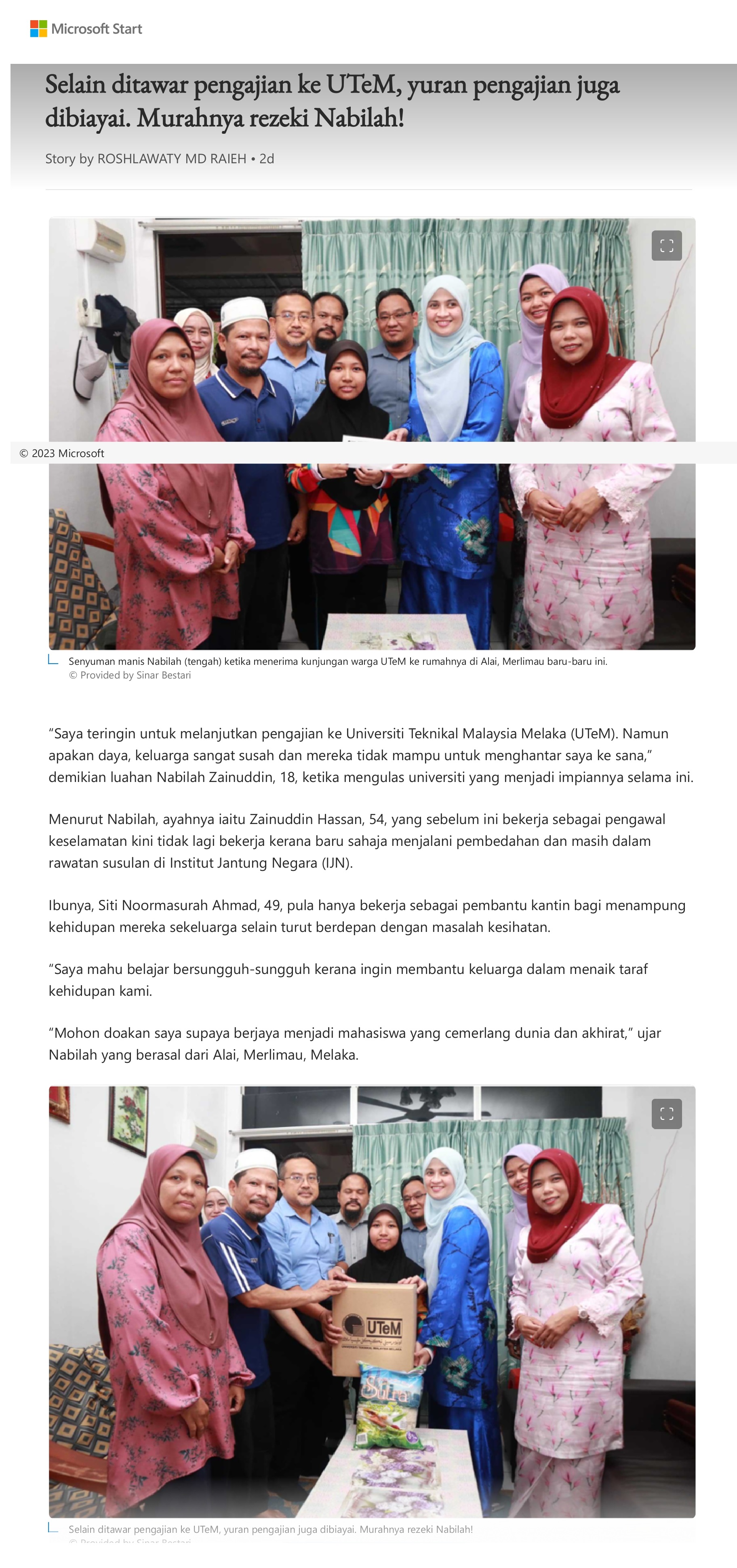 Selain ditawar pengajian ke UTeM, yuran pengajian juga dibiayai. Murahnya rezeki Nabilah!