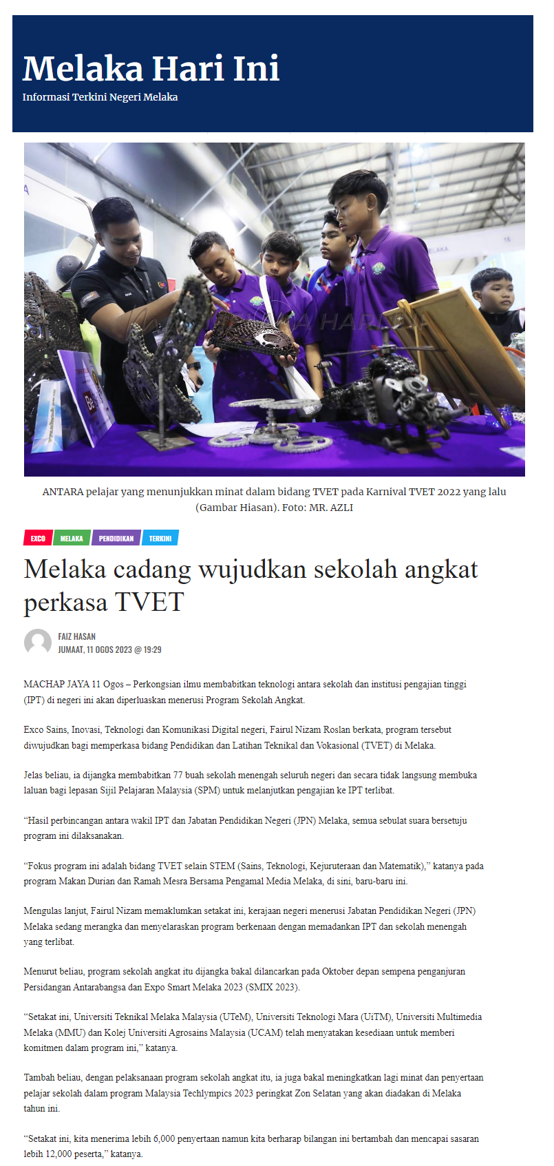 Melaka cadang wujudkan sekolah angkat perkasa TVET