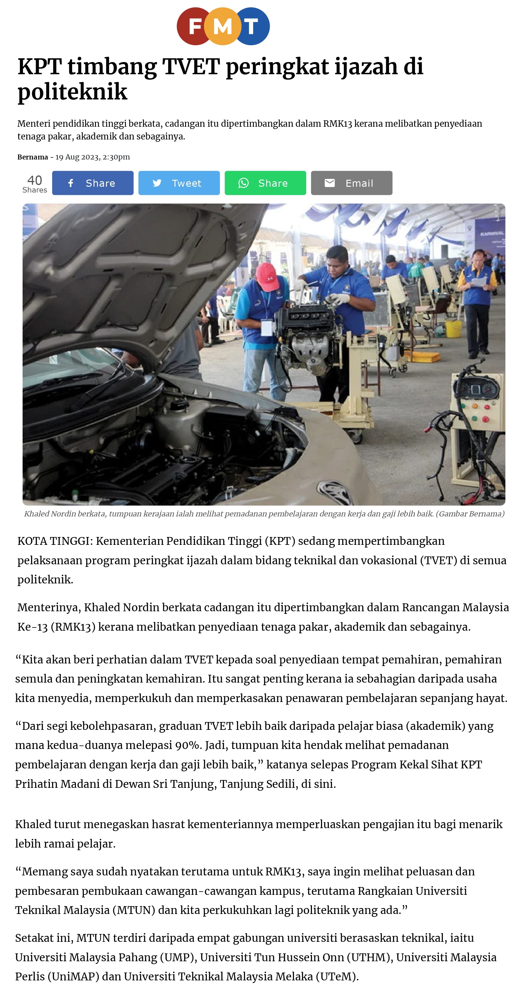 KPT timbang TVET peringkat ijazah di politeknik