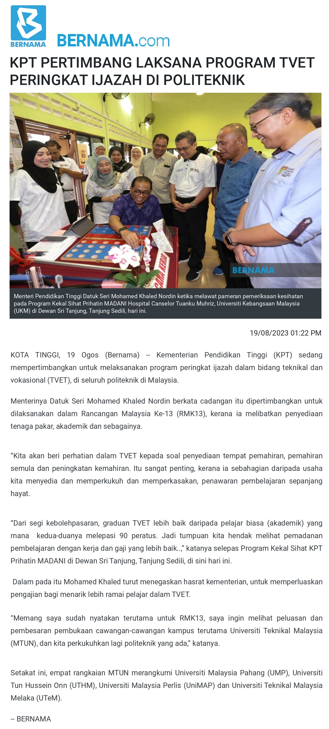 KPT PERTIMBANG LAKSANA PROGRAM TVET PERINGKAT IJAZAH DI POLITEKNIK