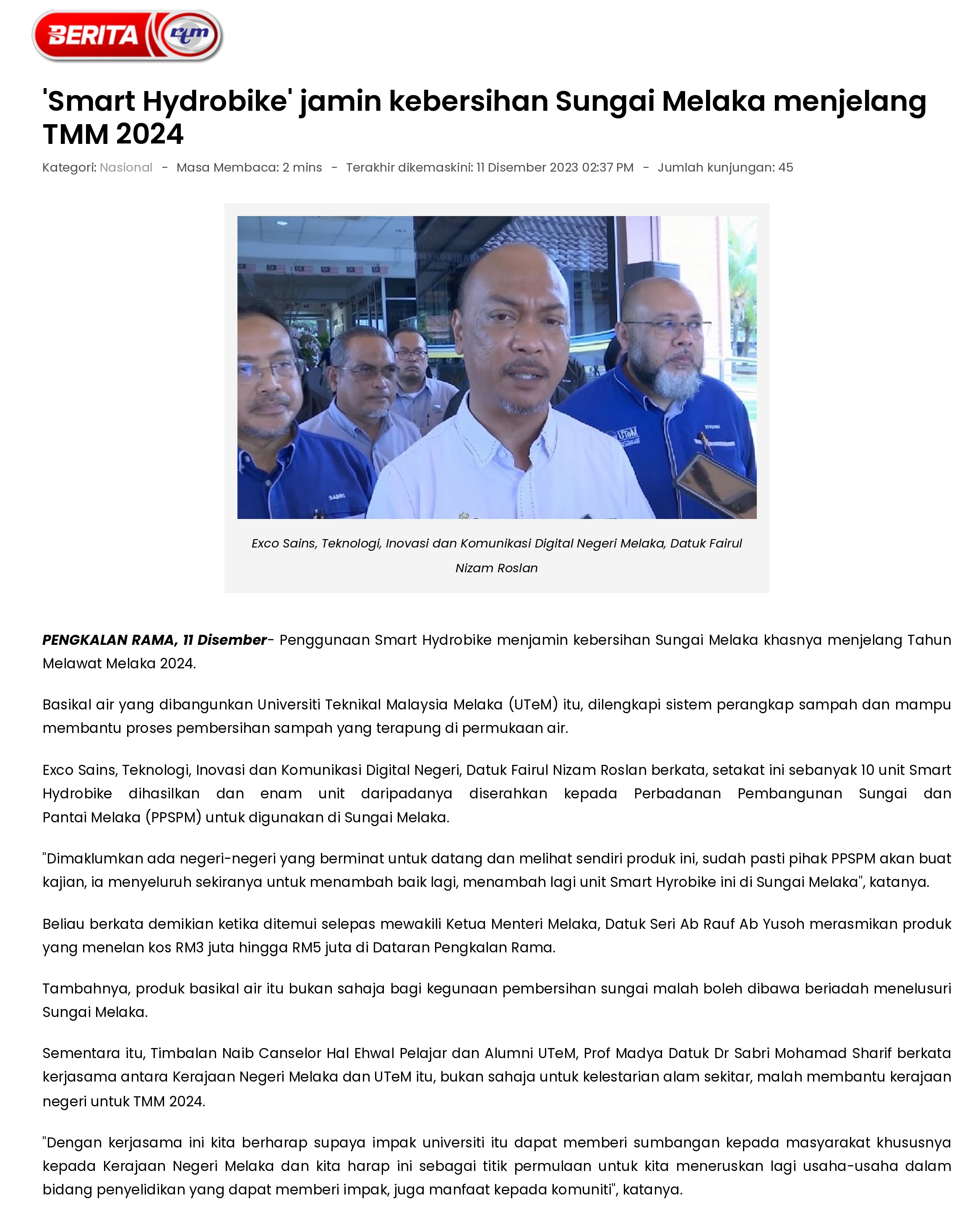 'Smart Hydrobike' jamin kebersihan Sungai Melaka menjelang TMM 2024