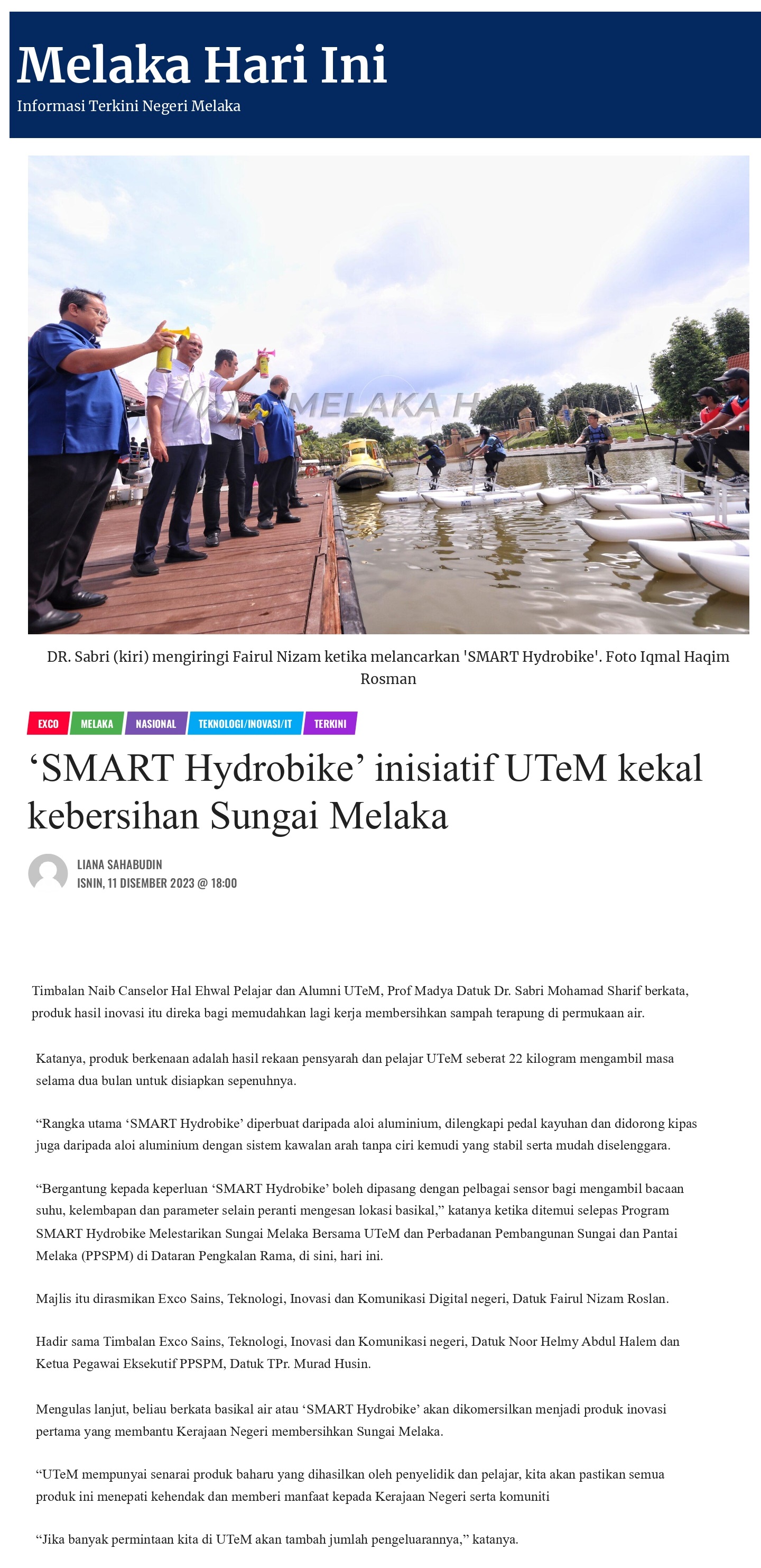 ‘SMART Hydrobike’ inisiatif UTeM kekal kebersihan Sungai Melaka