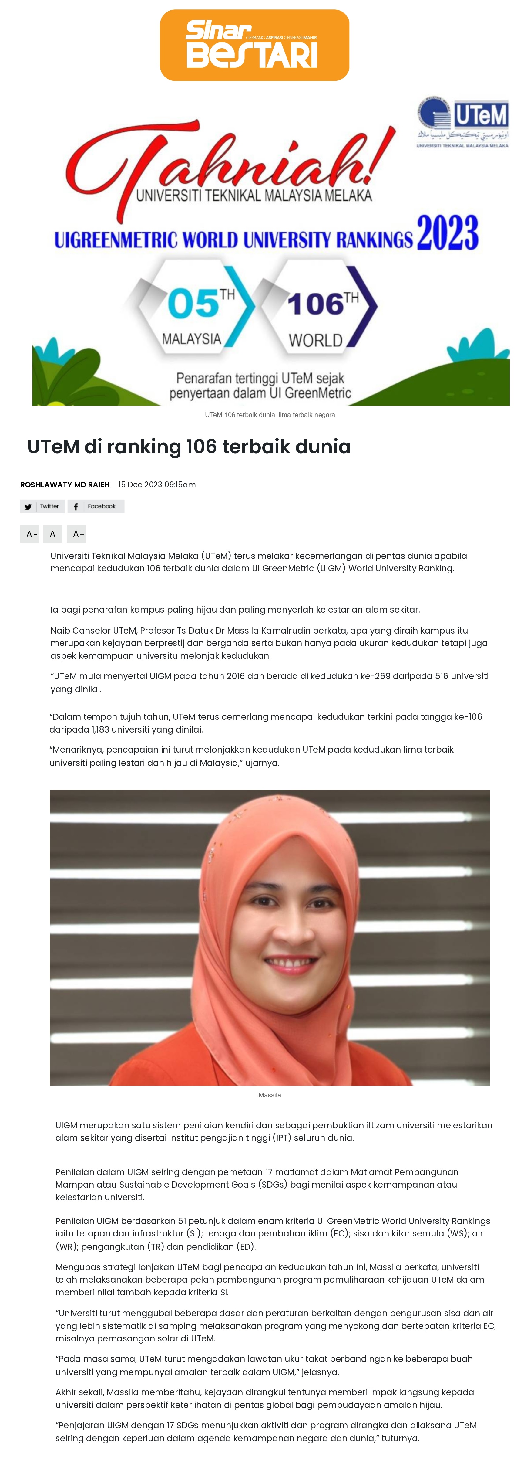 UTeM di ranking 106 terbaik dunia