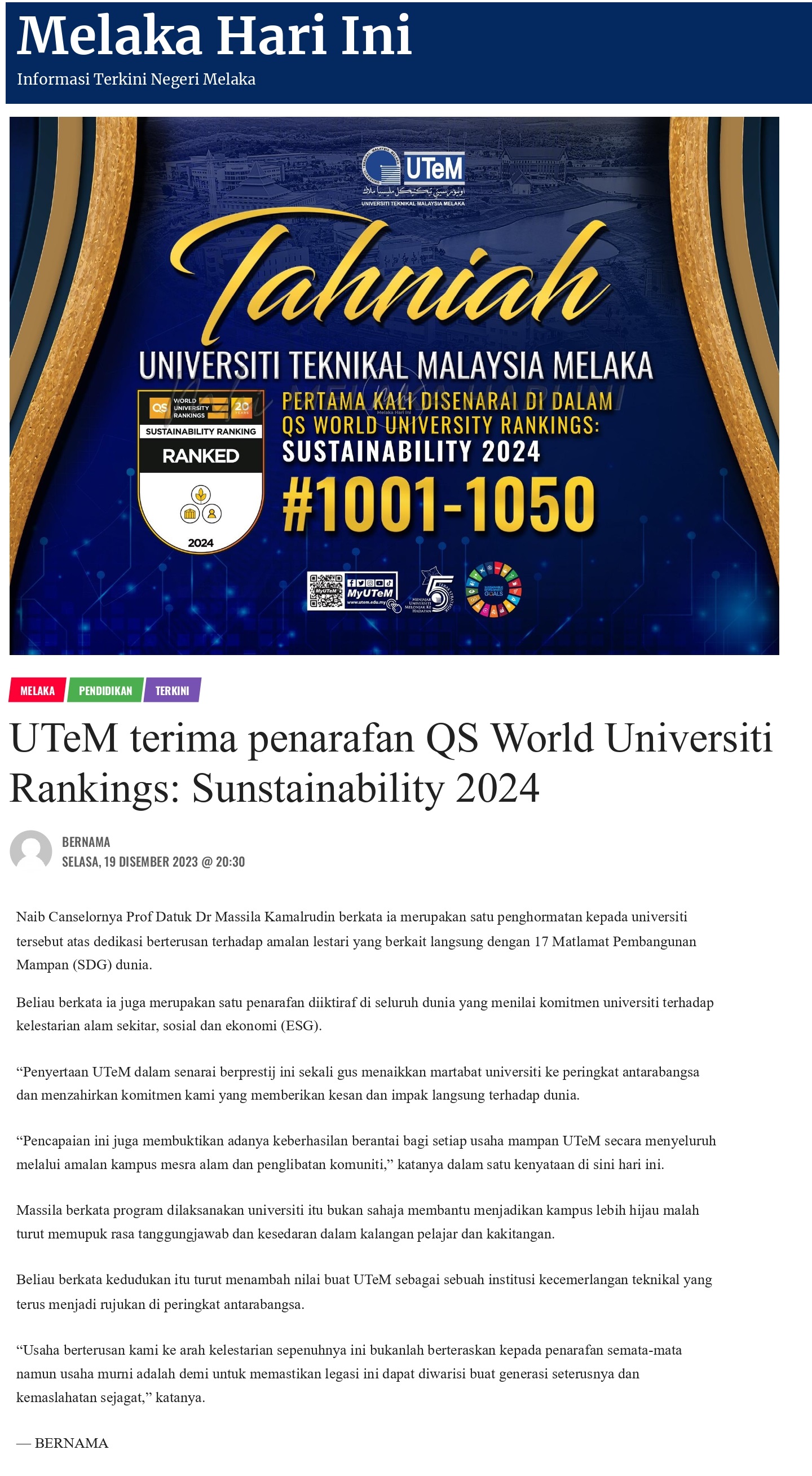 UTeM terima penarafan QS World Universiti Rankings: Sunstainability 2024