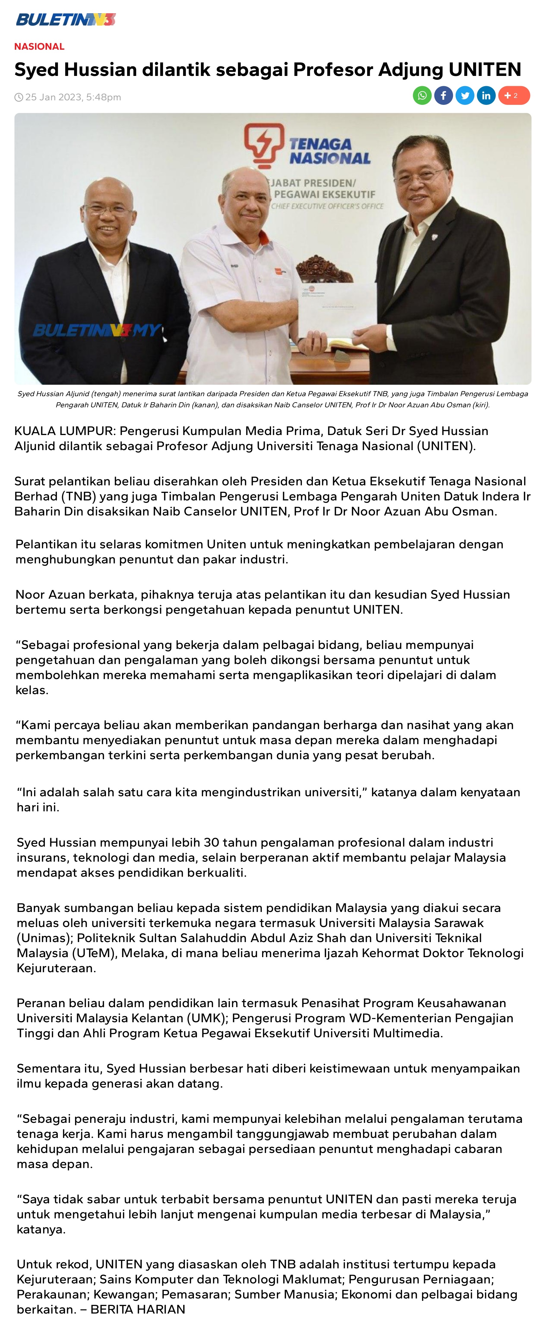 Syed Hussian dilantik sebagai Profesor Adjung UNITEN