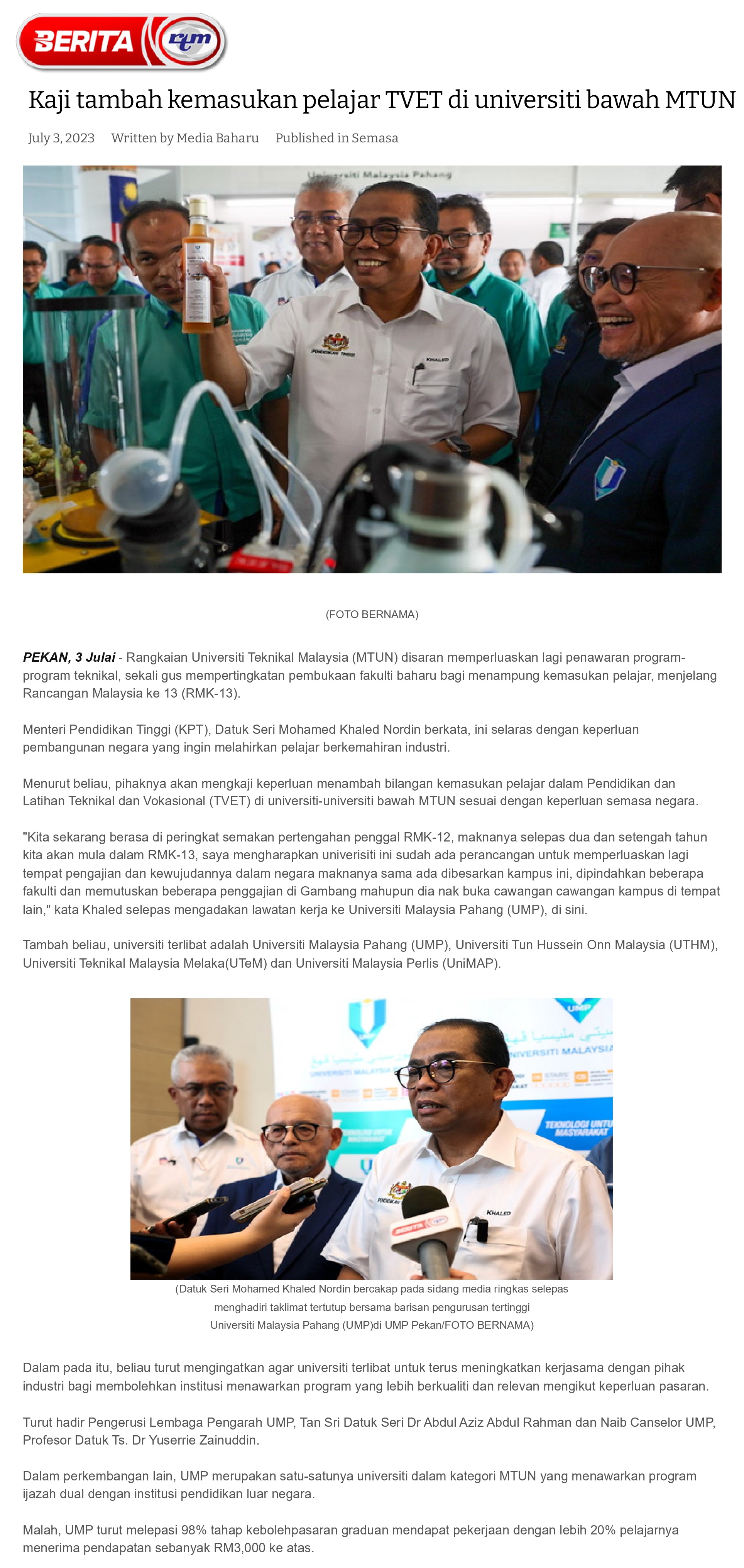 Kaji tambah kemasukan pelajar TVET di universiti bawah MTUN