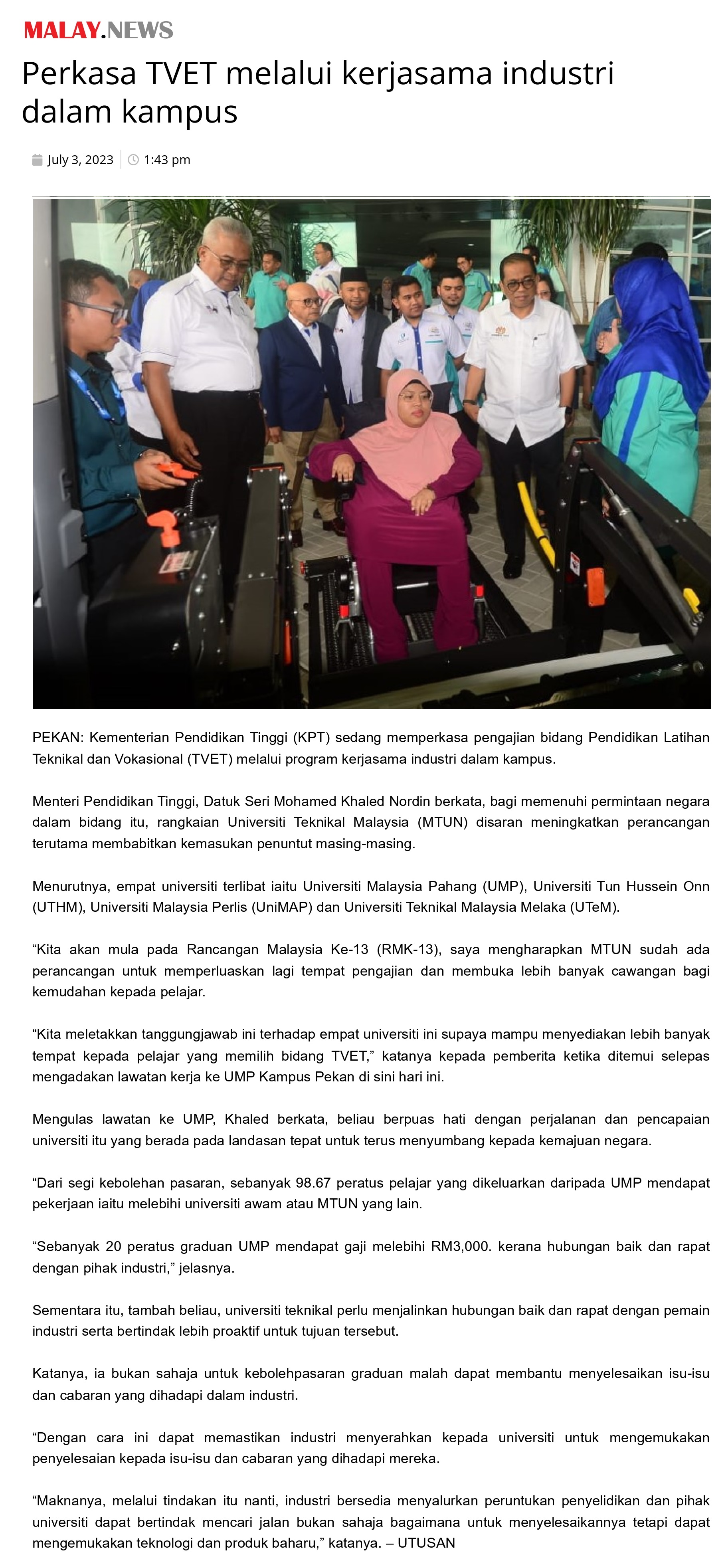 Perkasa TVET melalui kerjasama industri dalam kampus