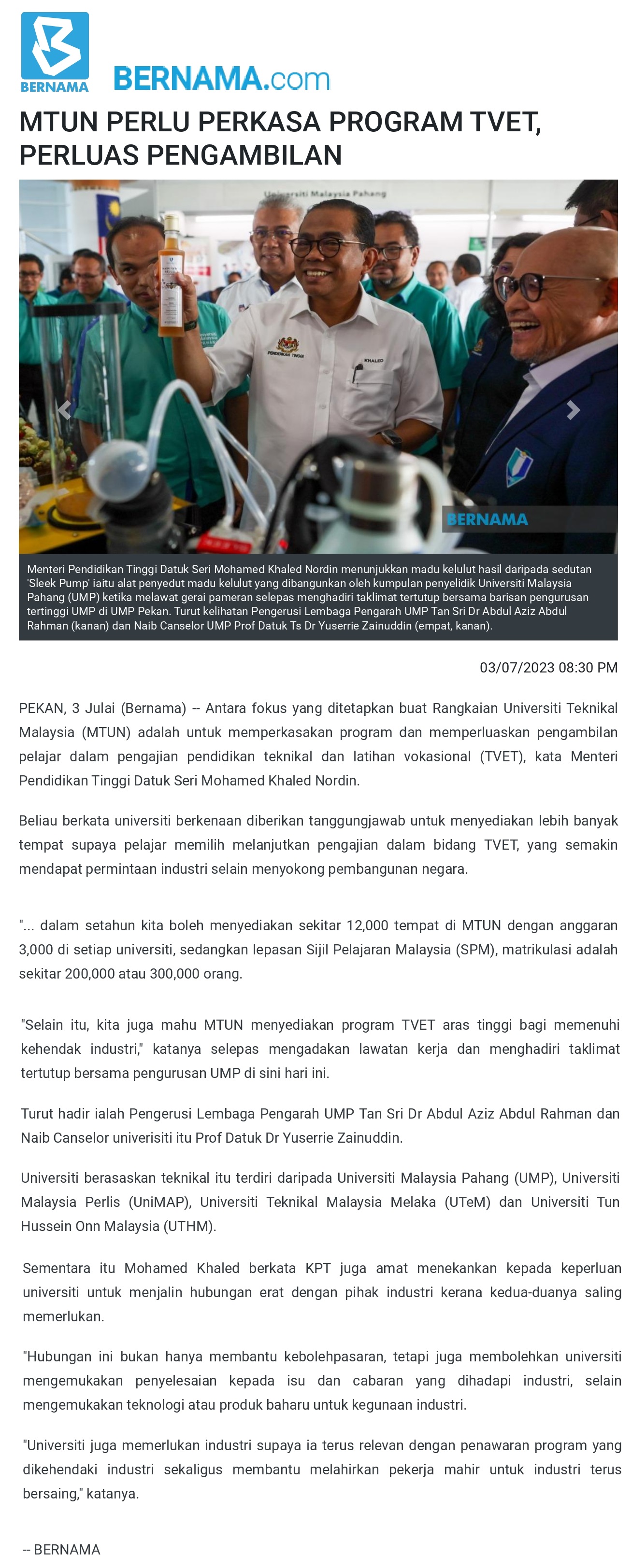 MTUN PERLU PERKASA PROGRAM TVET, PERLUAS PENGAMBILAN