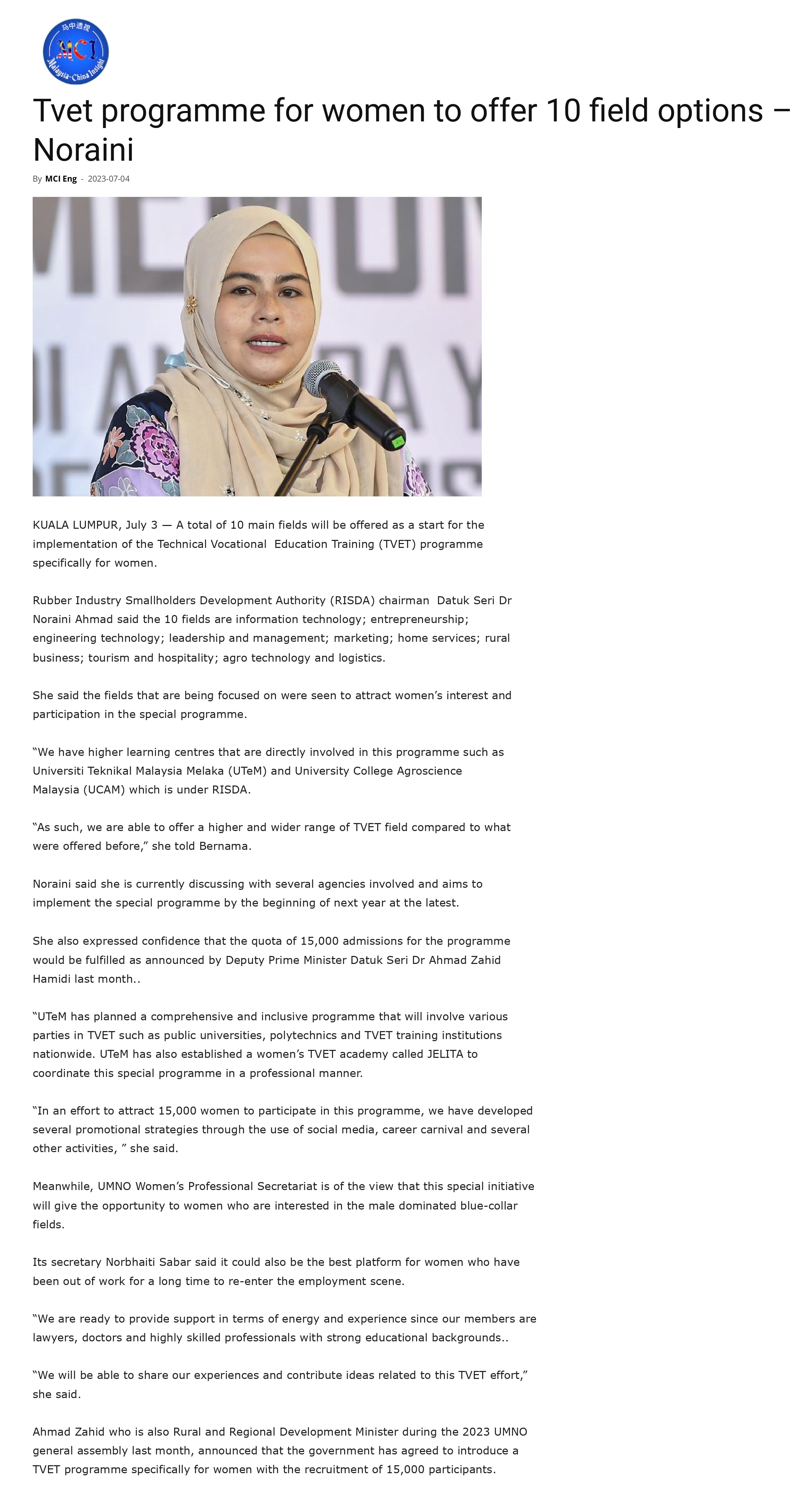 Tvet programme for women to offer 10 field options – Noraini