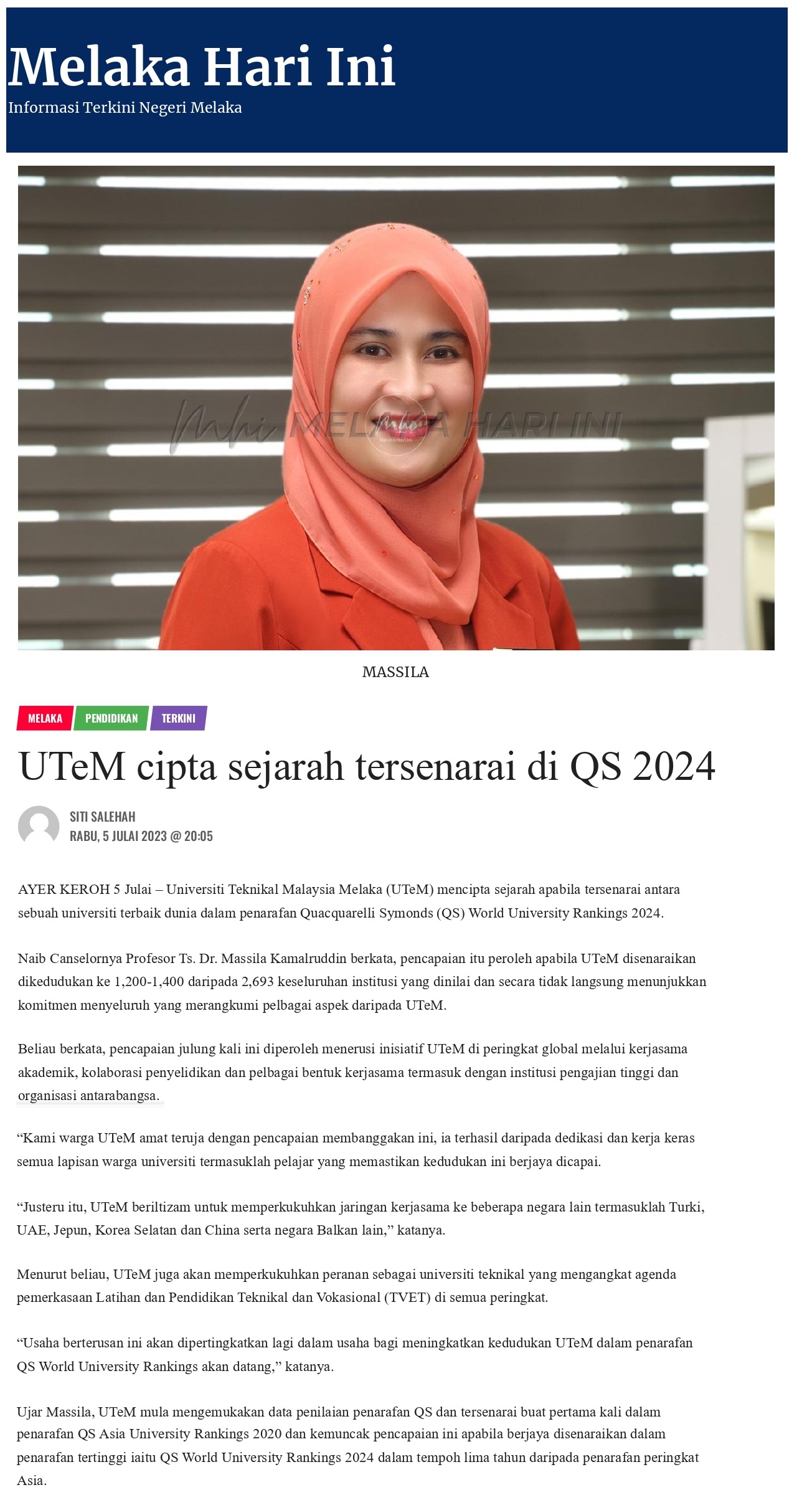 UTeM cipta sejarah tersenarai di QS 2024