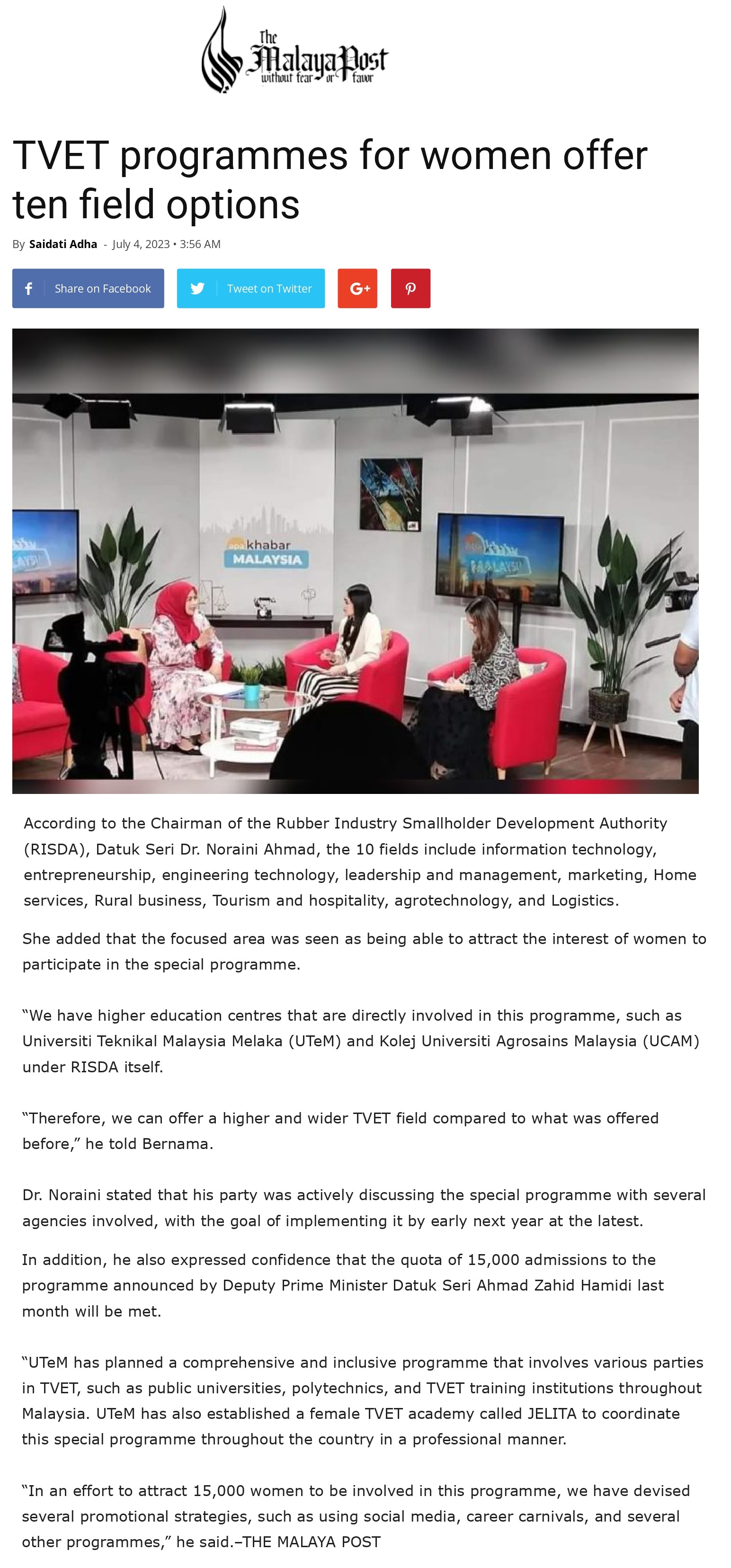 TVET programmes for women offer ten field options