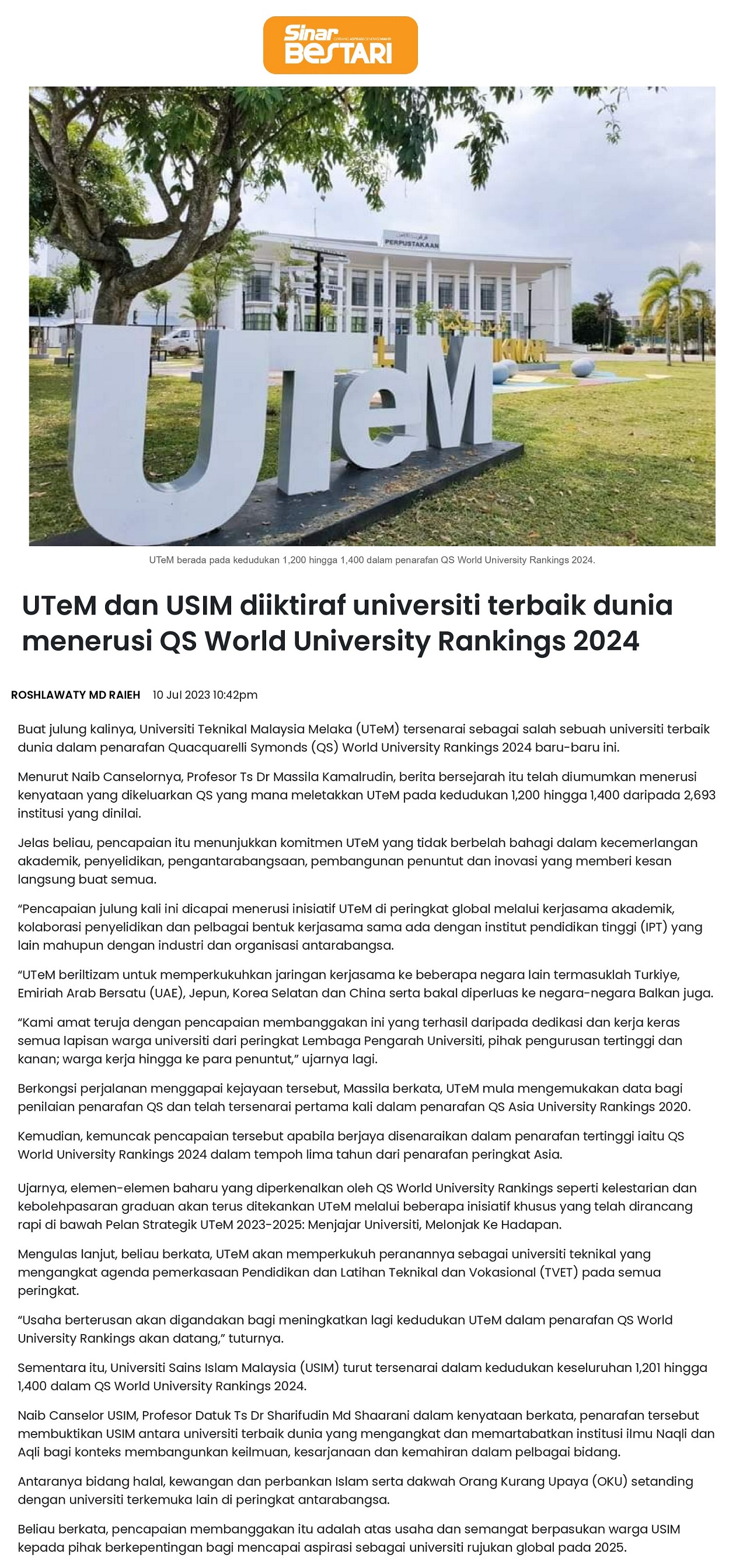 UTeM dan USIM diiktiraf universiti terbaik dunia menerusi QS World University Rankings 2024