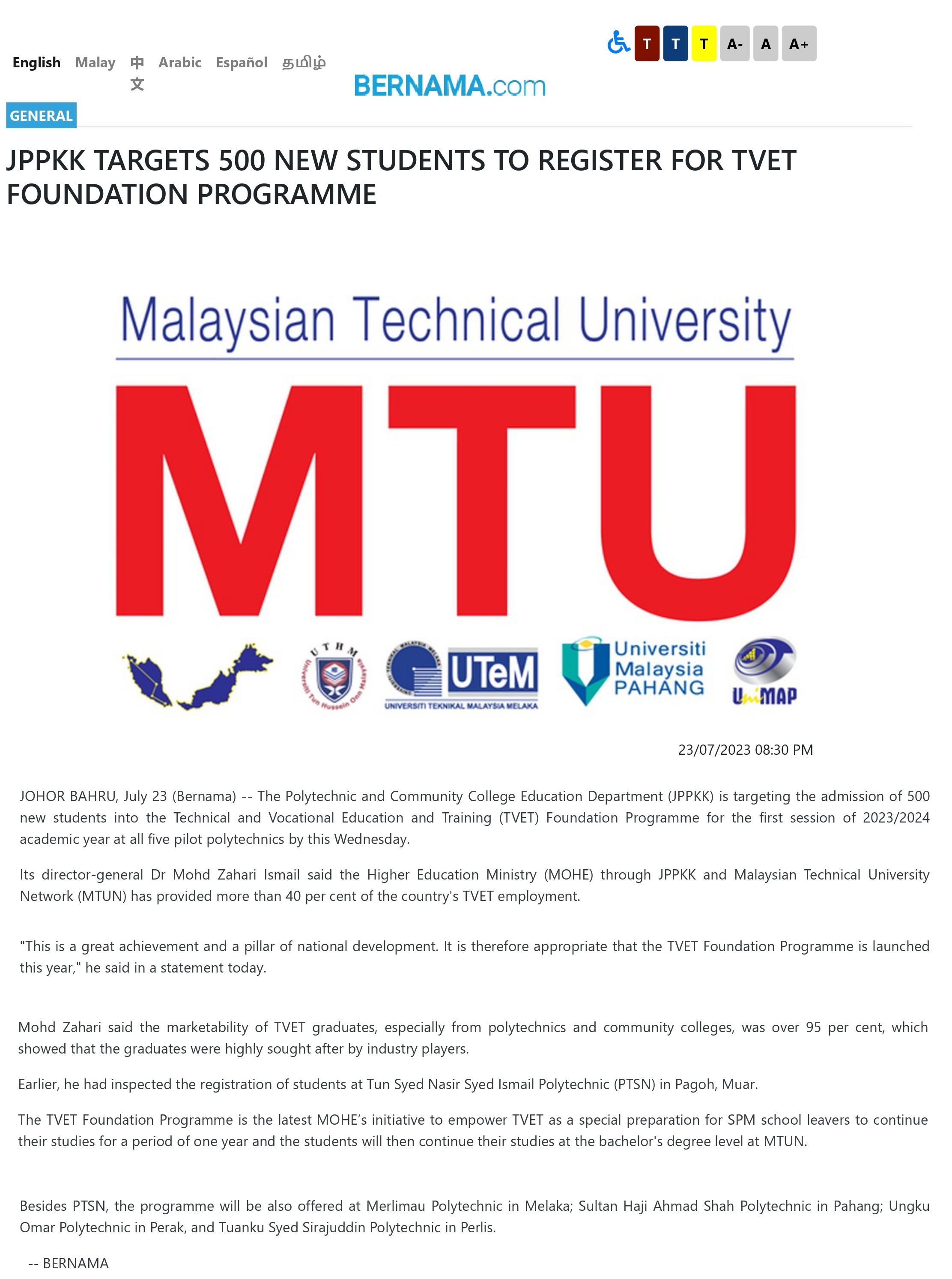 JPPKK TARGETS 500 NEW STUDENTS TO REGISTER FOR TVET FOUNDATION PROGRAMME