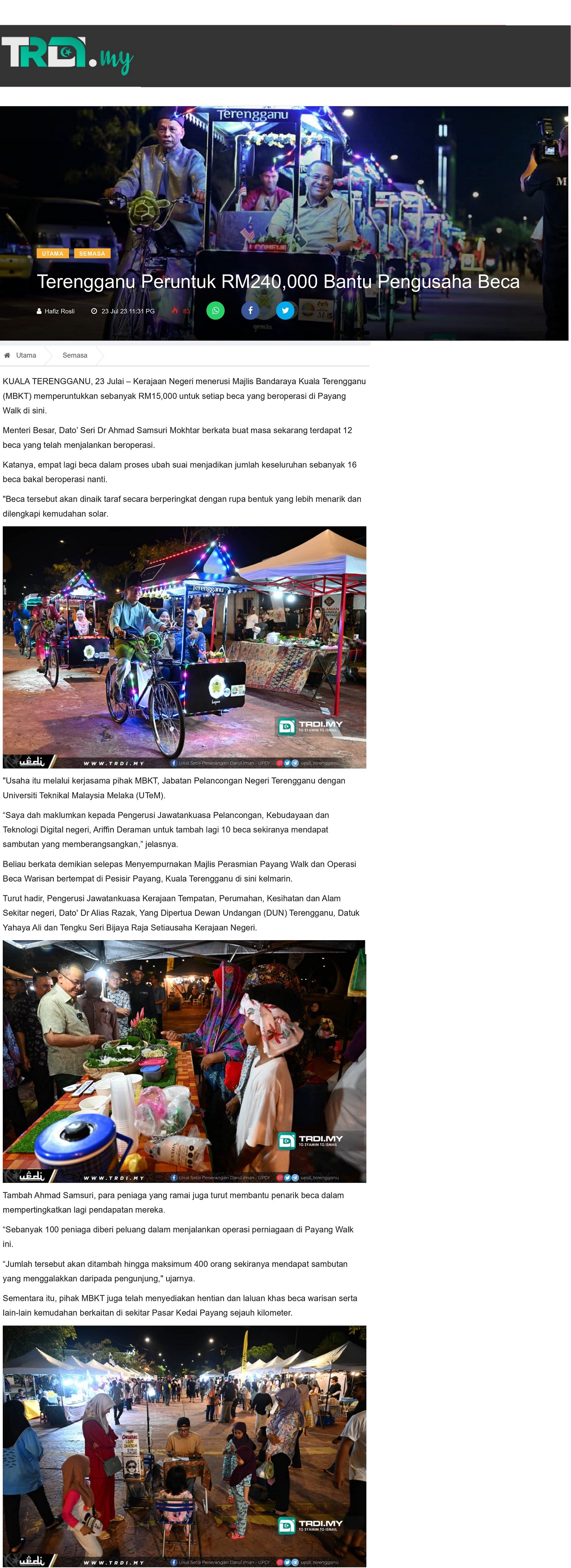 Terengganu Peruntuk RM240,000 Bantu Pengusaha Beca