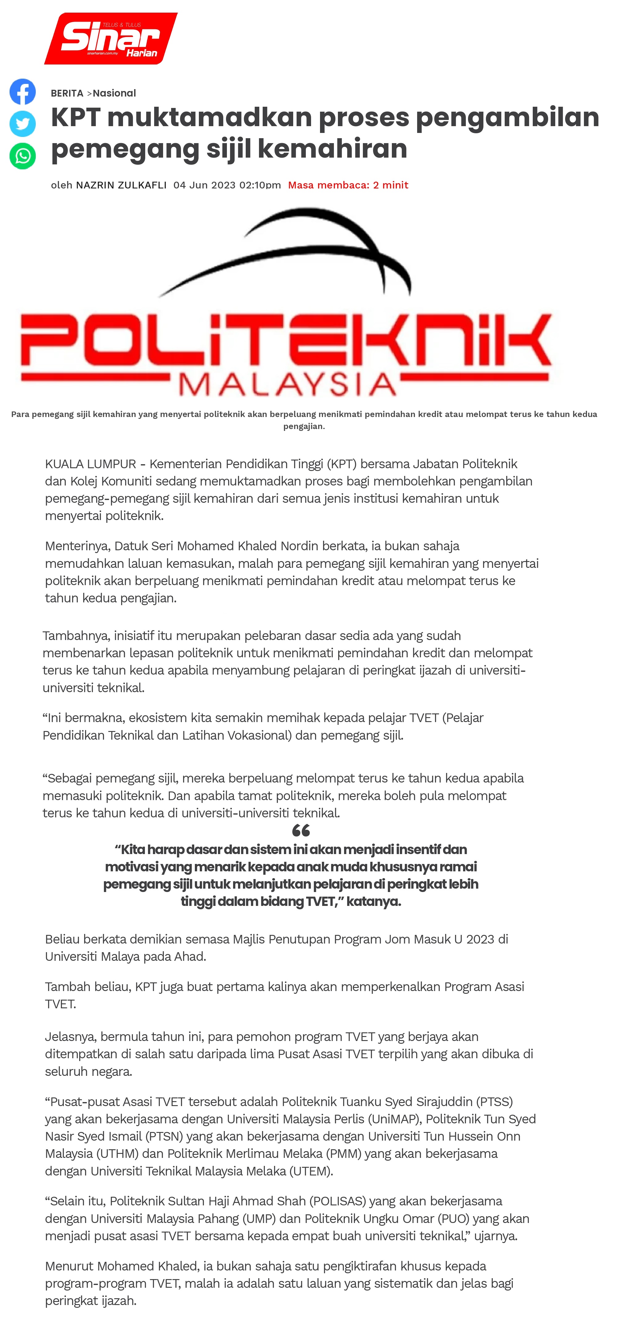 KPT muktamadkan proses pengambilan pemegang sijil kemahiran