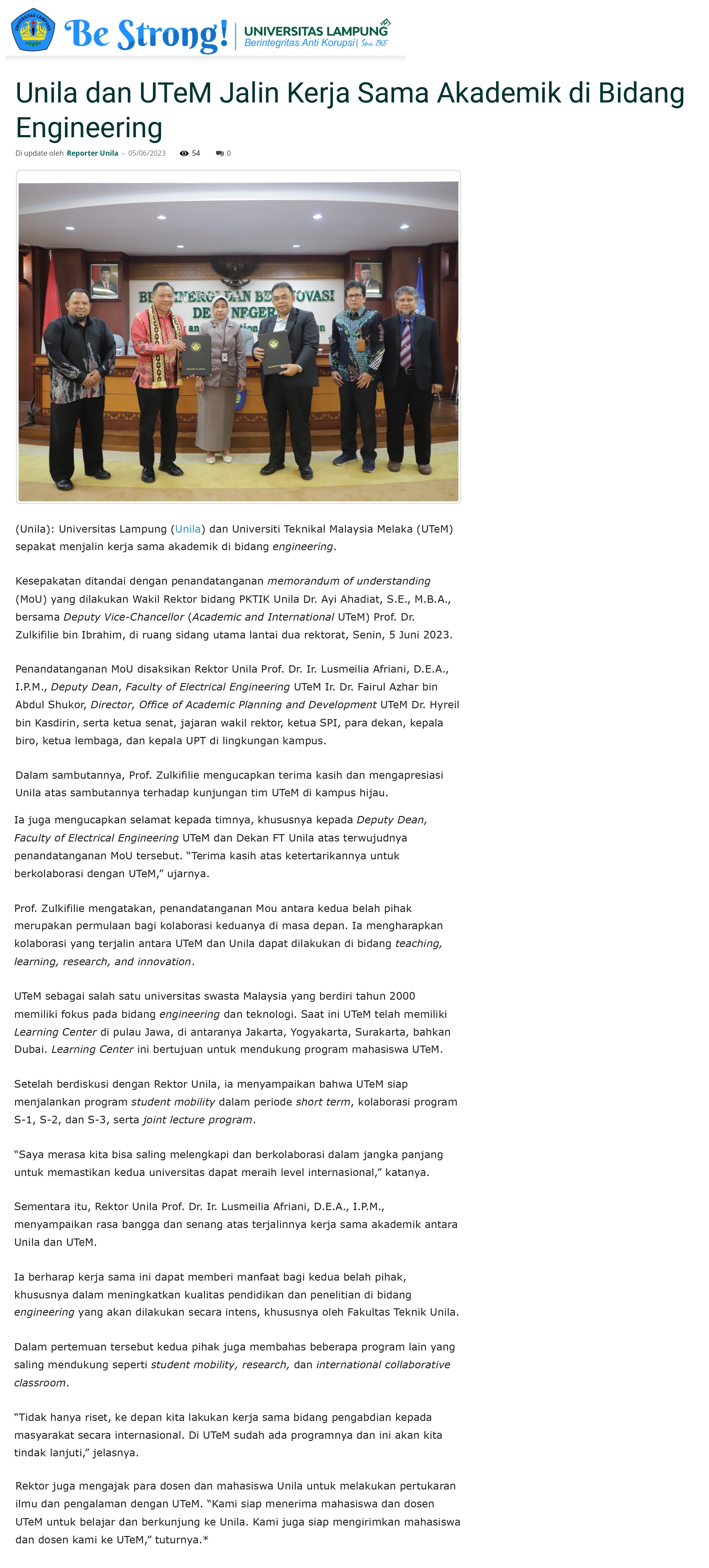 Unila dan UTeM Jalin Kerja Sama Akademik di Bidang Engineering