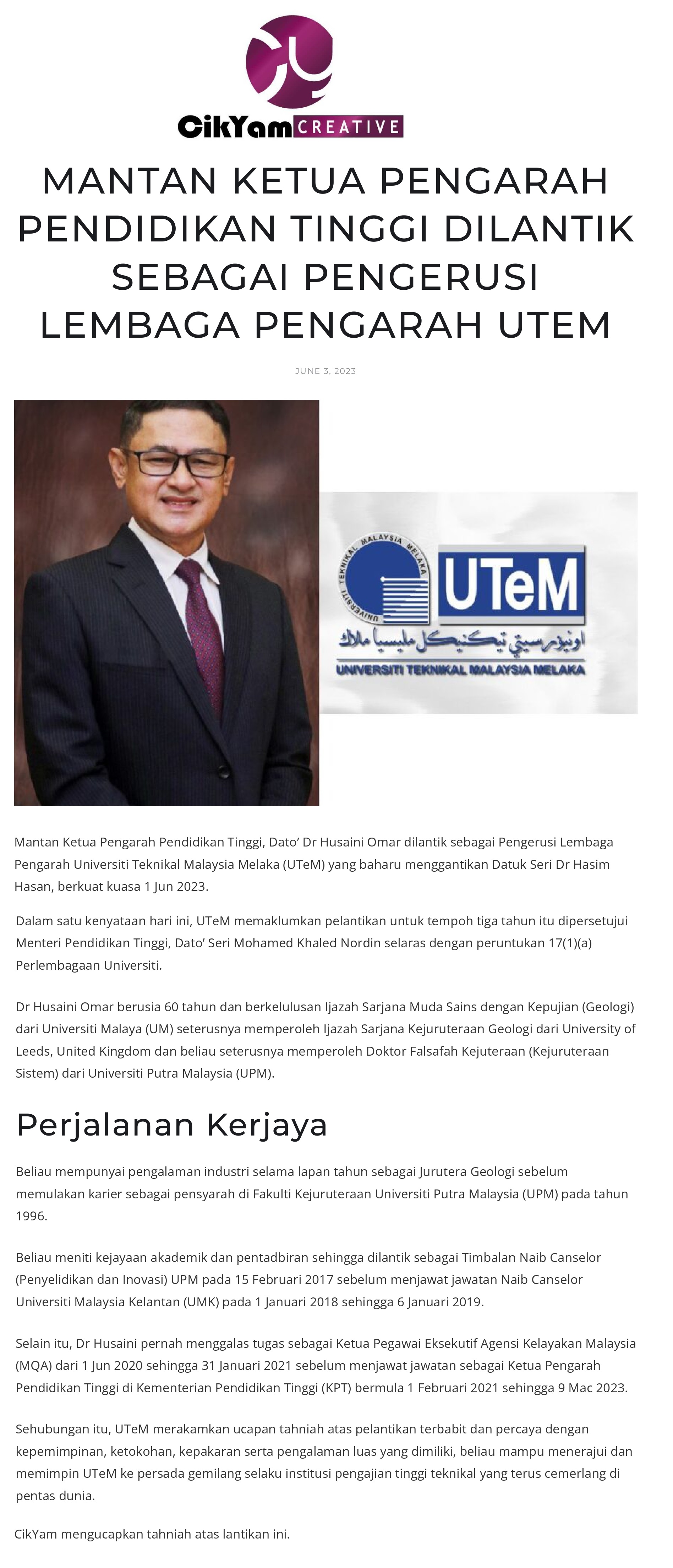 MANTAN KETUA PENGARAH PENDIDIKAN TINGGI DILANTIK SEBAGAI PENGERUSI LEMBAGA PENGARAH UTEM