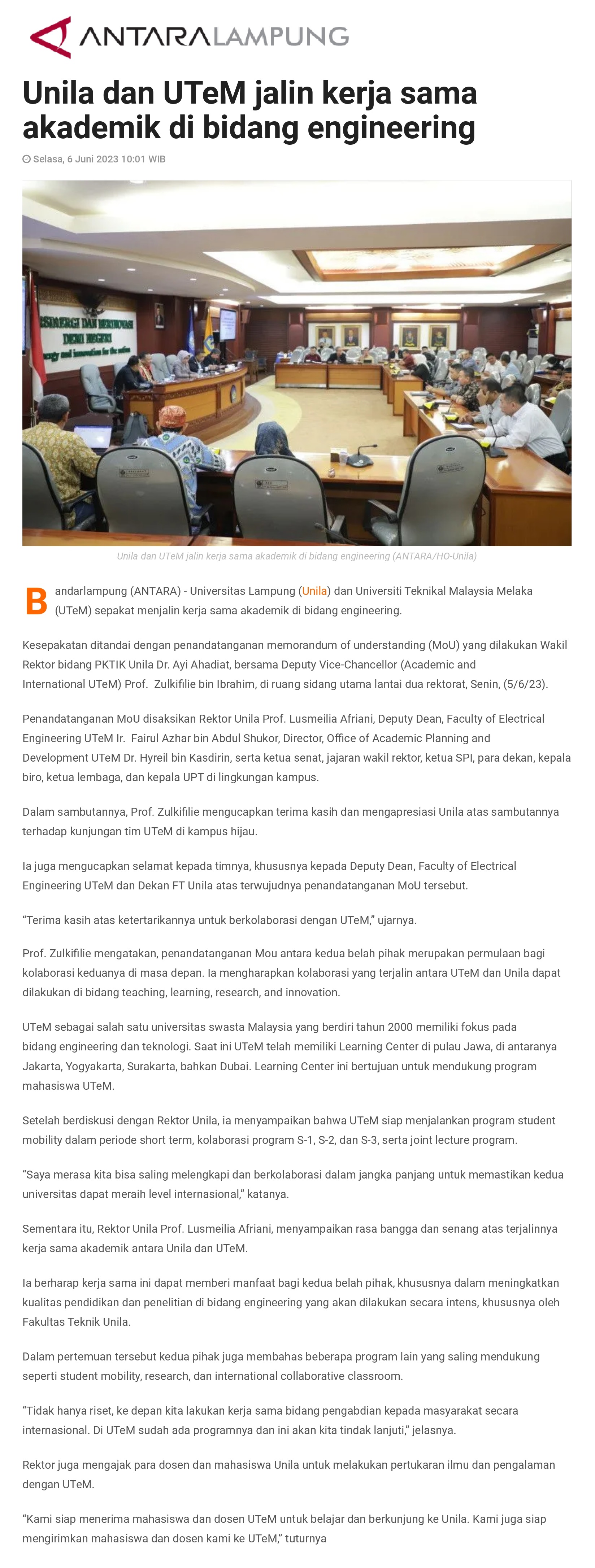 Unila dan UTeM Jalin Kerja Sama di Bidang Engineering