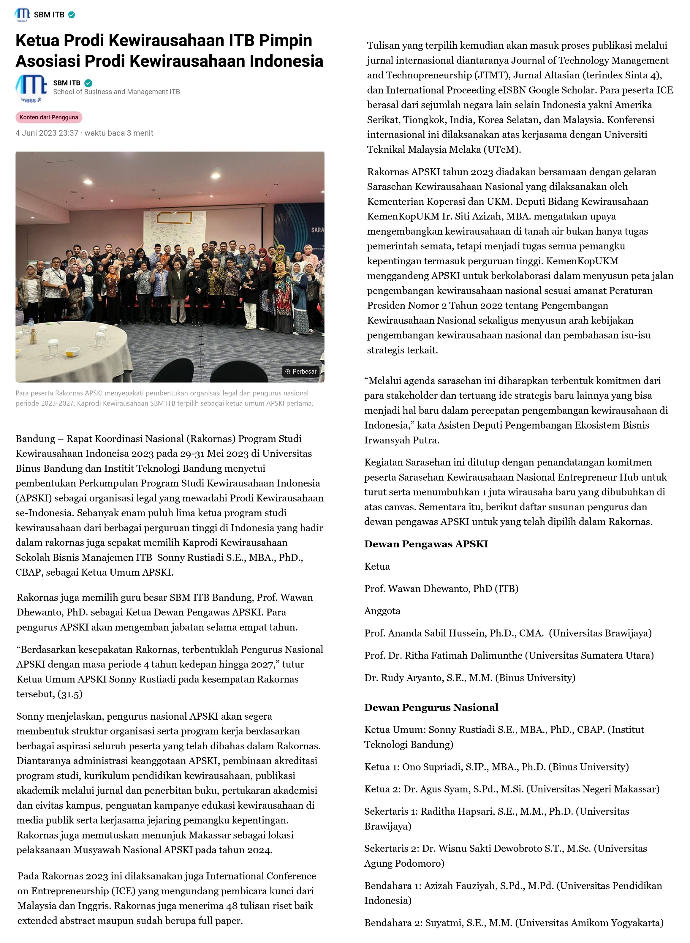 Ketua Prodi Kewirausahaan ITB Pimpin Asosiasi Prodi Kewirausahaan Indonesia