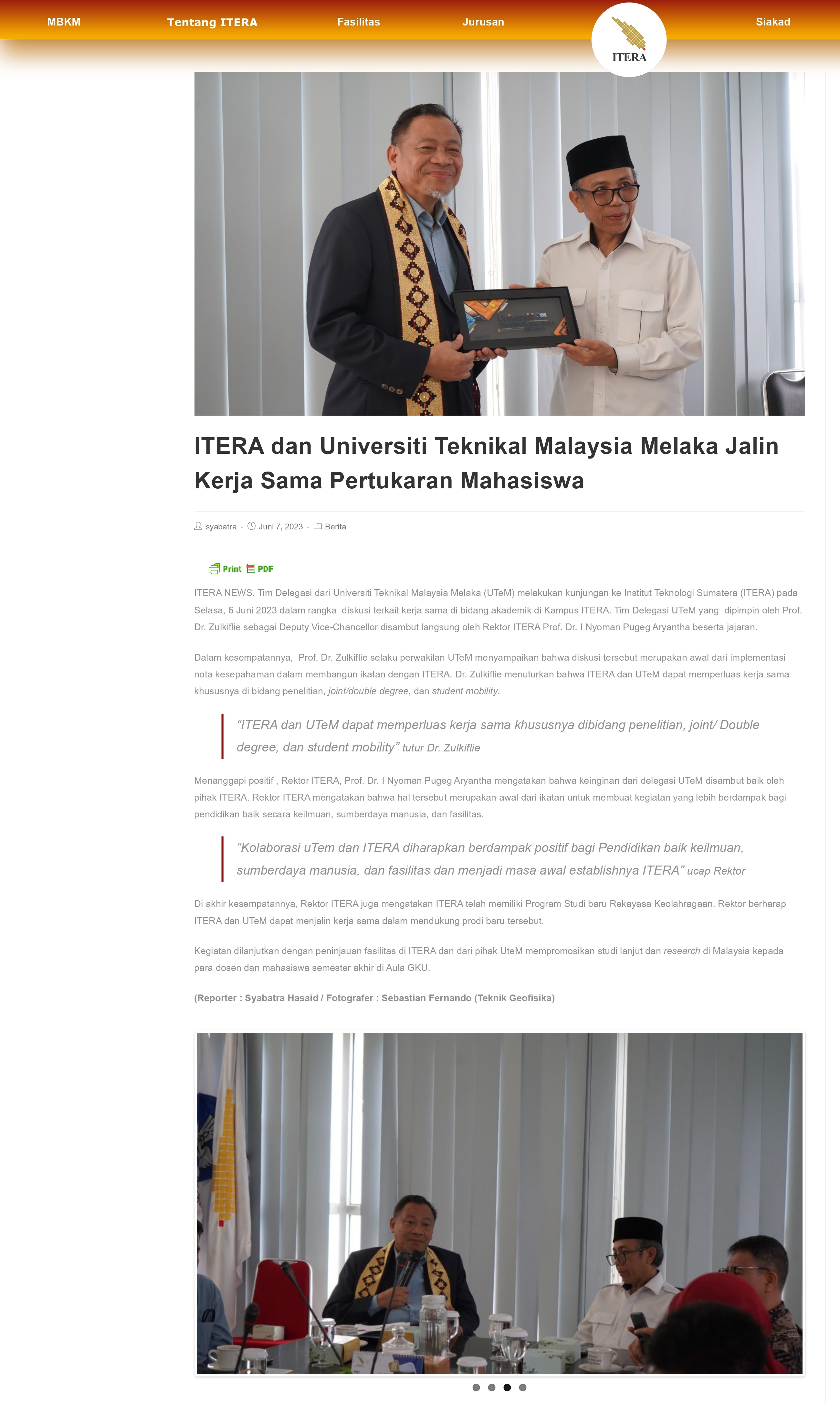 ITERA dan Universiti Teknikal Malaysia Melaka Jalin Kerja Sama Pertukaran Mahasiswa