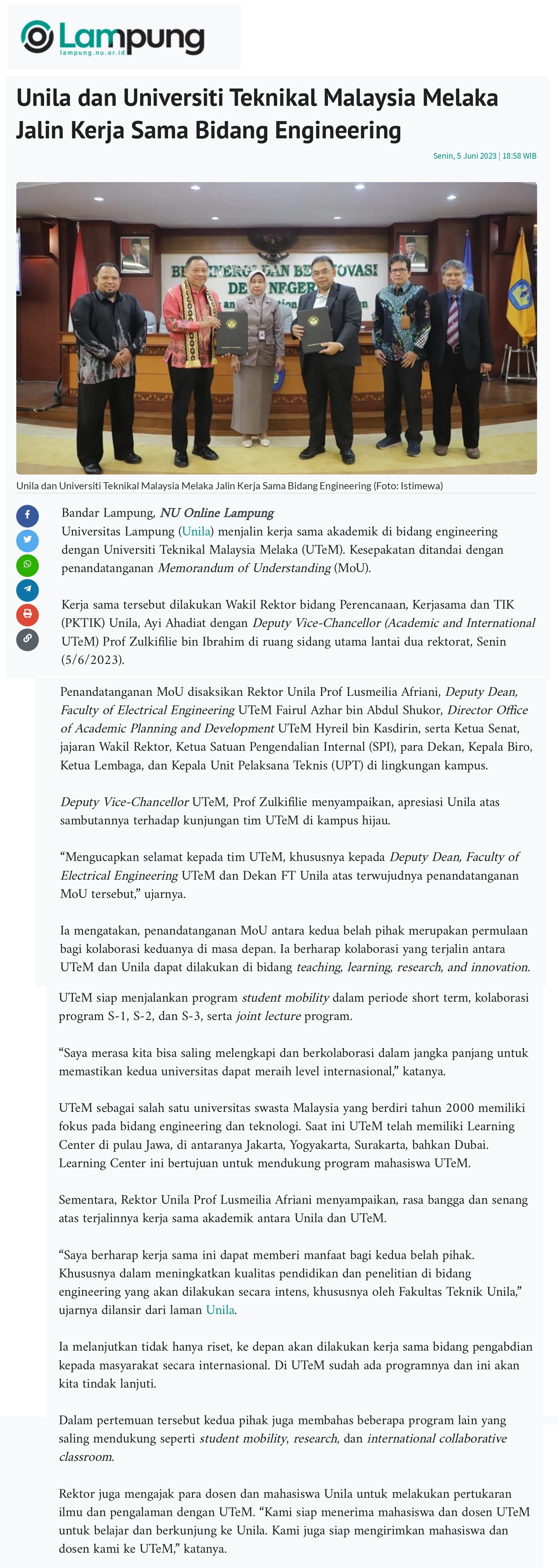 Unila dan Universiti Teknikal Malaysia Melaka Jalin Kerja Sama Bidang Engineering