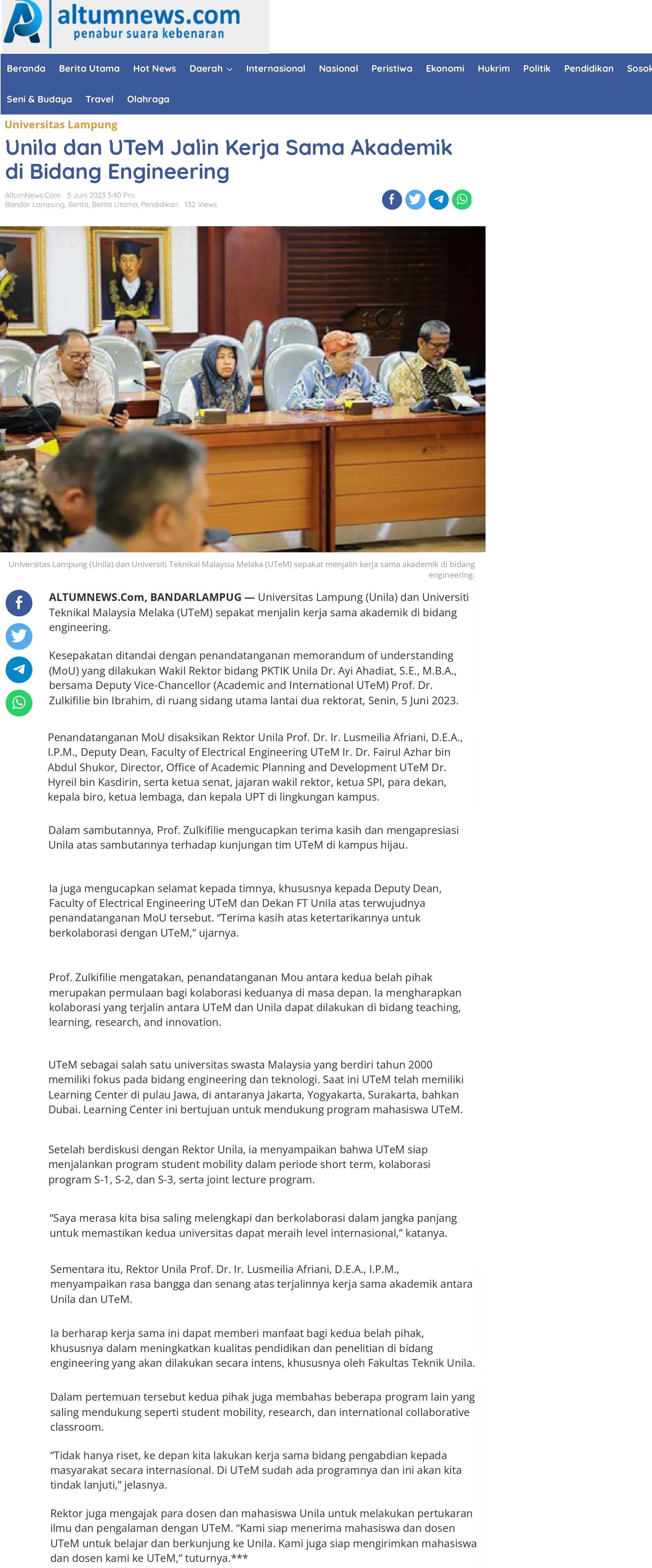 Unila dan UTeM Jalin Kerja Sama Akademik di Bidang Engineering