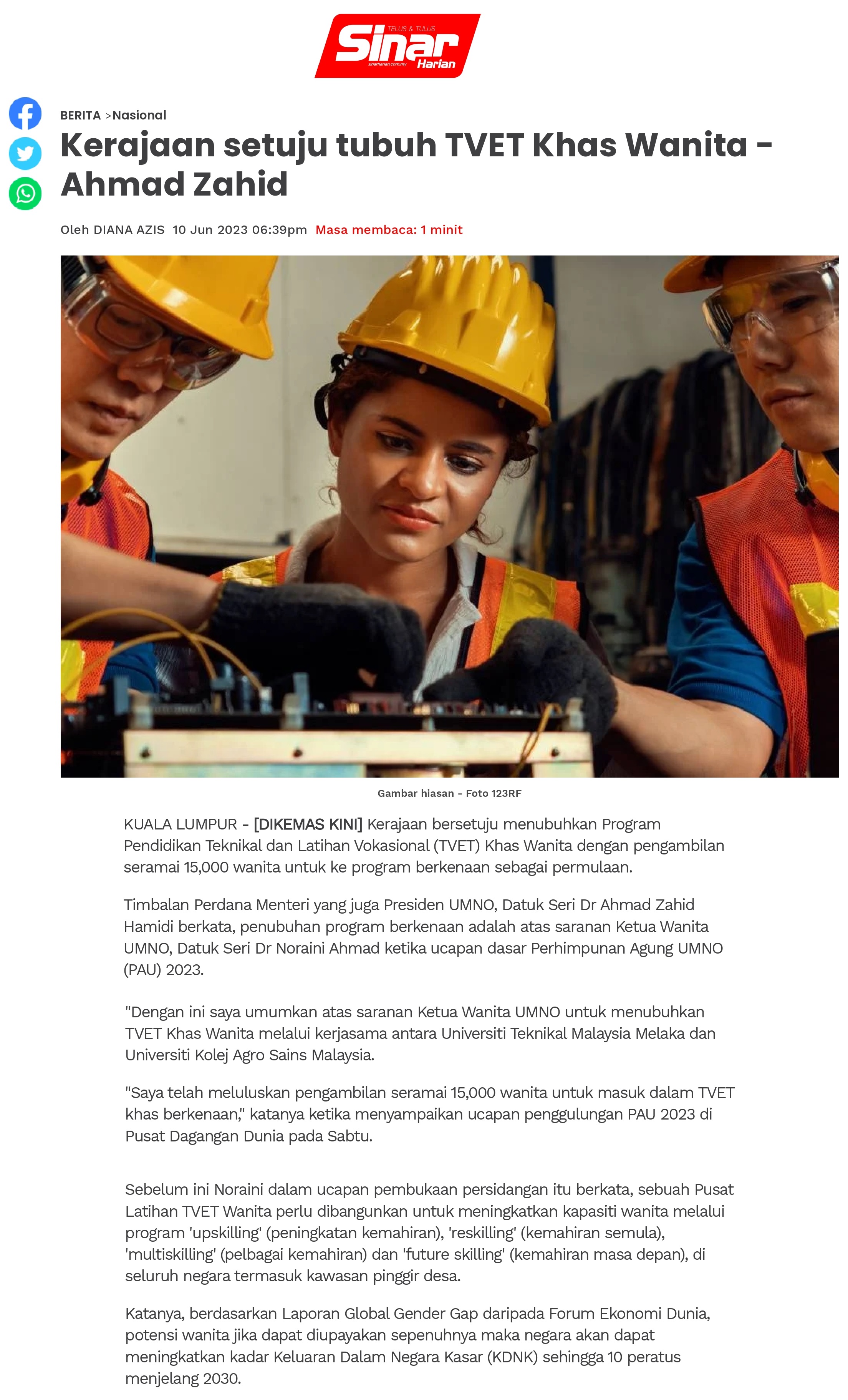 Kerajaan setuju tubuh TVET Khas Wanita - Ahmad Zahid