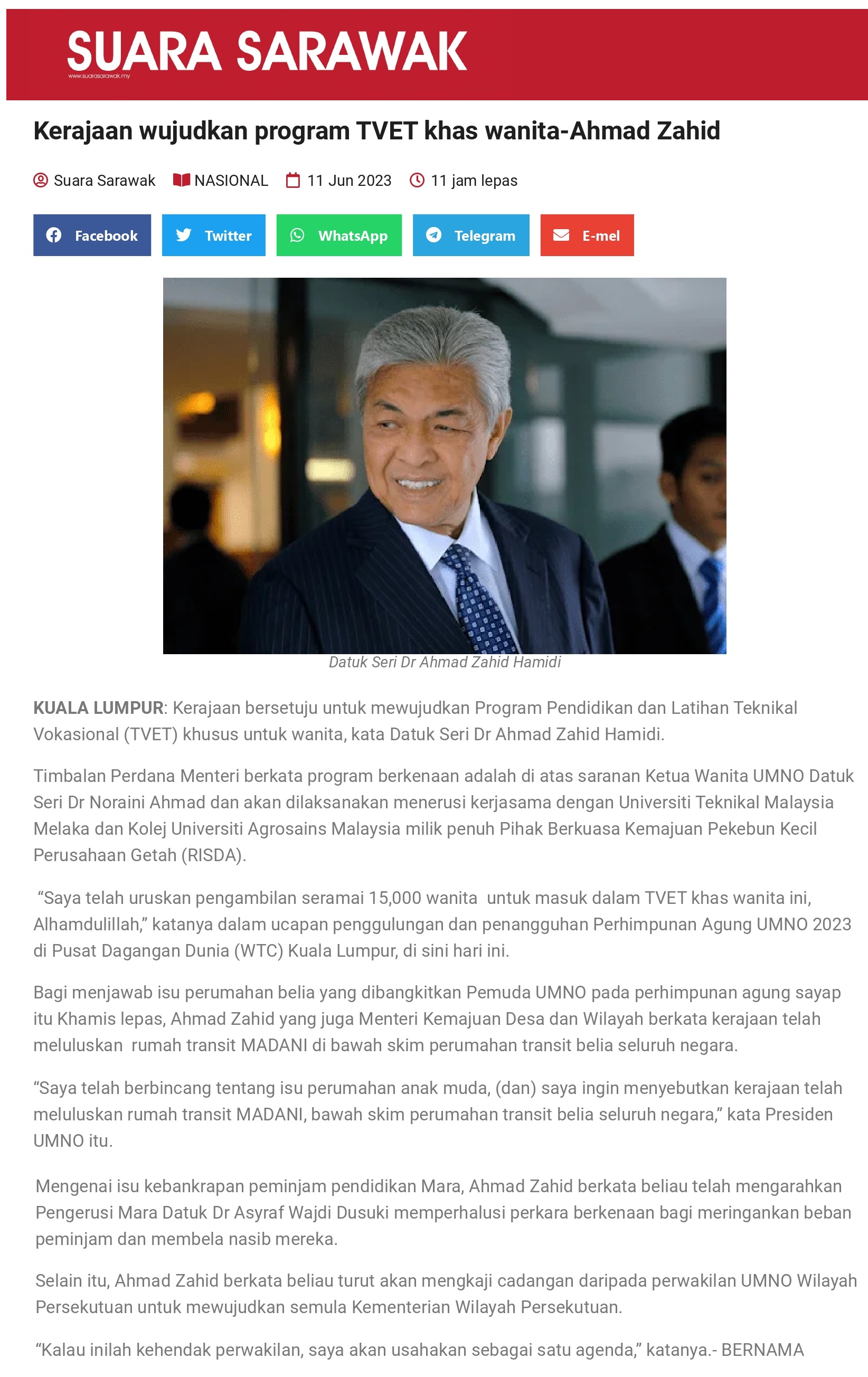 Kerajaan wujudkan program TVET khas wanita-Ahmad Zahid