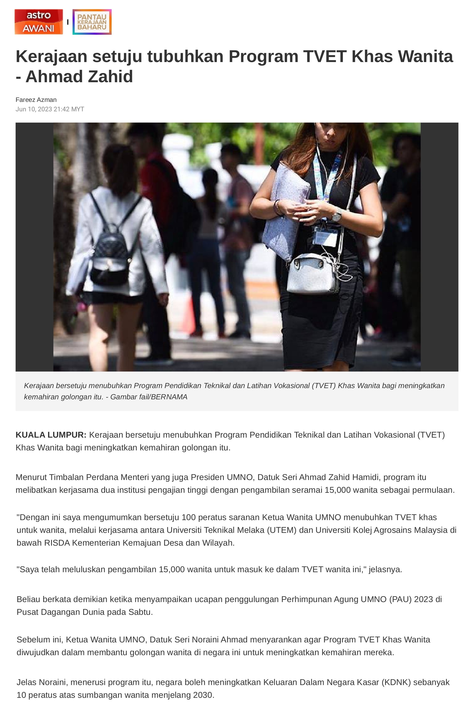 Kerajaan setuju tubuhkan Program TVET Khas Wanita - Ahmad Zahid