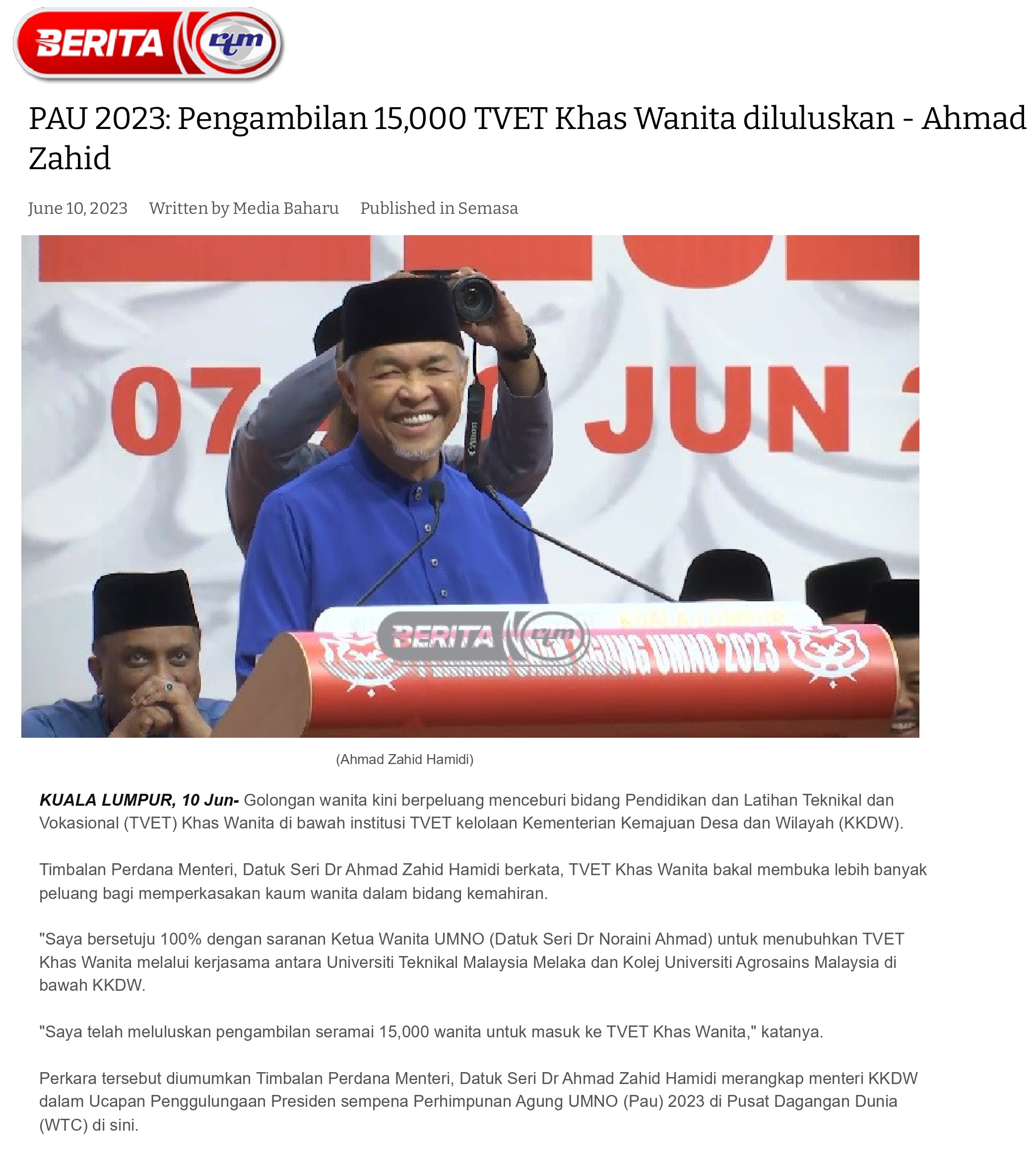 PAU 2023: Pengambilan 15,000 TVET Khas Wanita diluluskan - Ahmad Zahid