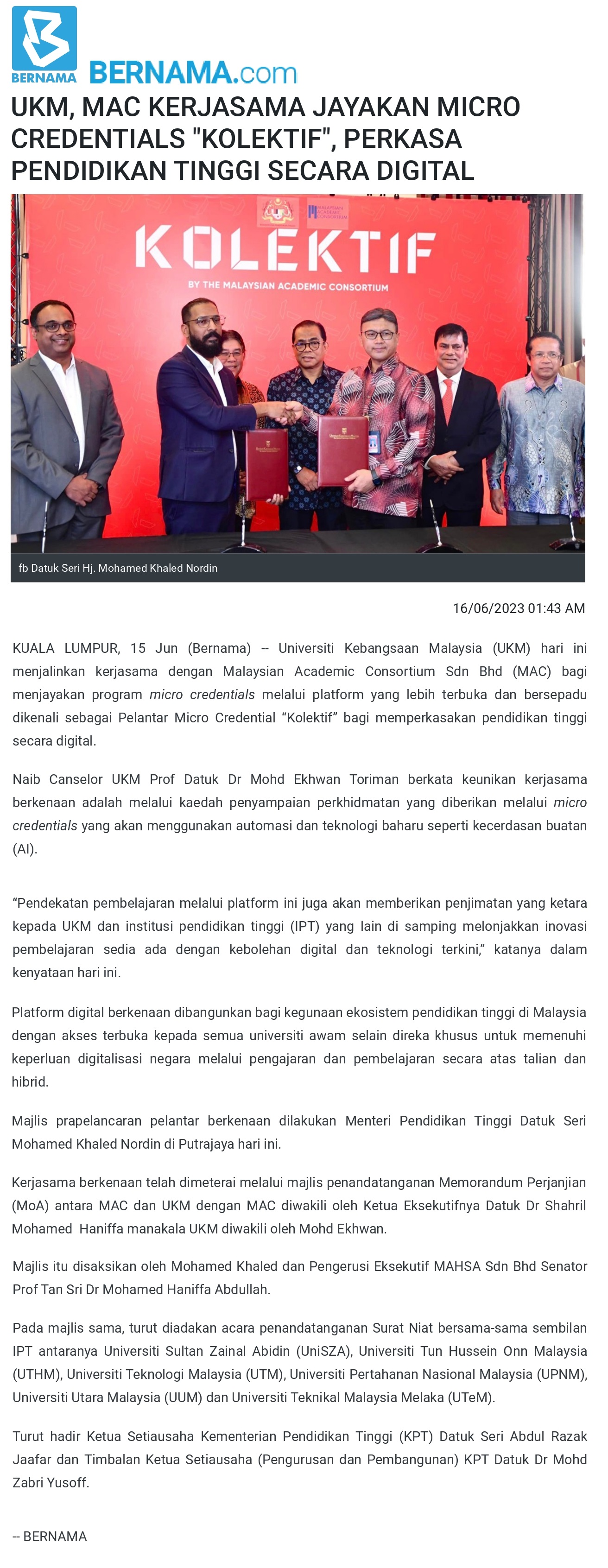 UKM, MAC KERJASAMA JAYAKAN MICRO CREDENTIALS “KOLEKTIF”, PERKASA PENDIDIKAN TINGGI SECARA DIGITAL